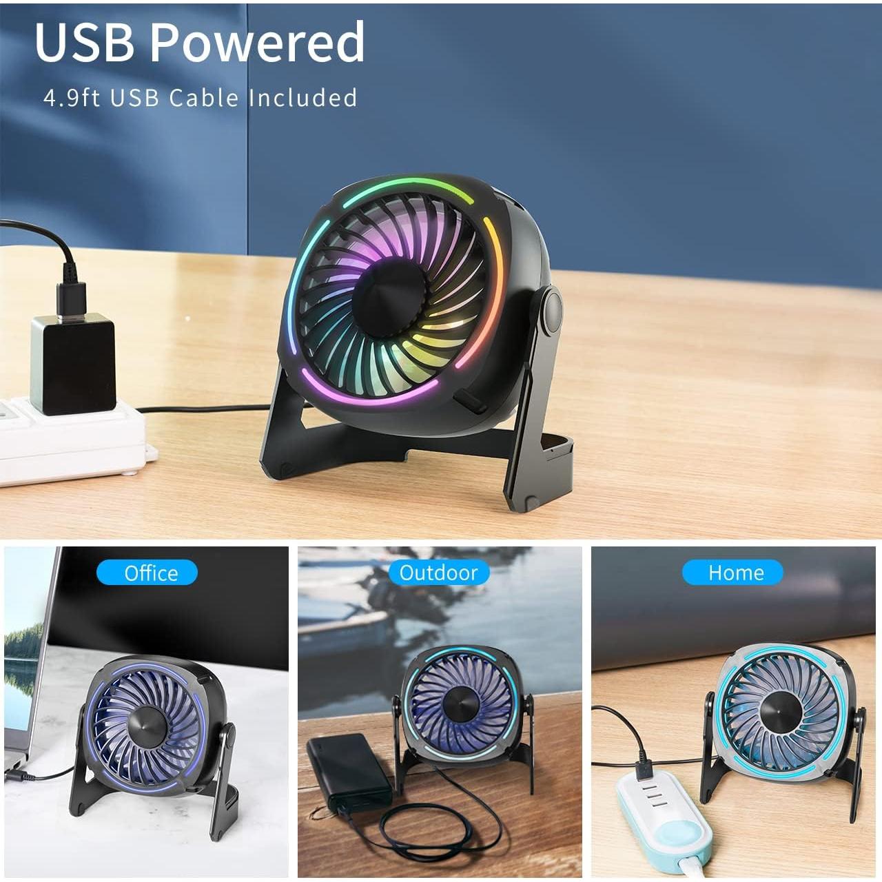 Small USB Desk Fan - 5.3 Inch Portable Table Fan with 3 Levels Air Flow, 8 Color LED Lights, 360° Rotation, Quiet Mini Personal Fan for Home Office Desktop