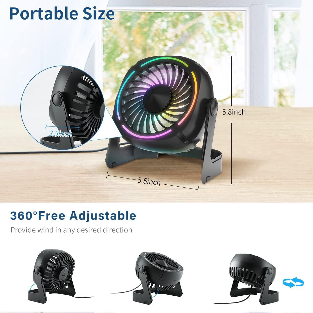 Small USB Desk Fan - 5.3 Inch Portable Table Fan with 3 Levels Air Flow, 8 Color LED Lights, 360° Rotation, Quiet Mini Personal Fan for Home Office Desktop