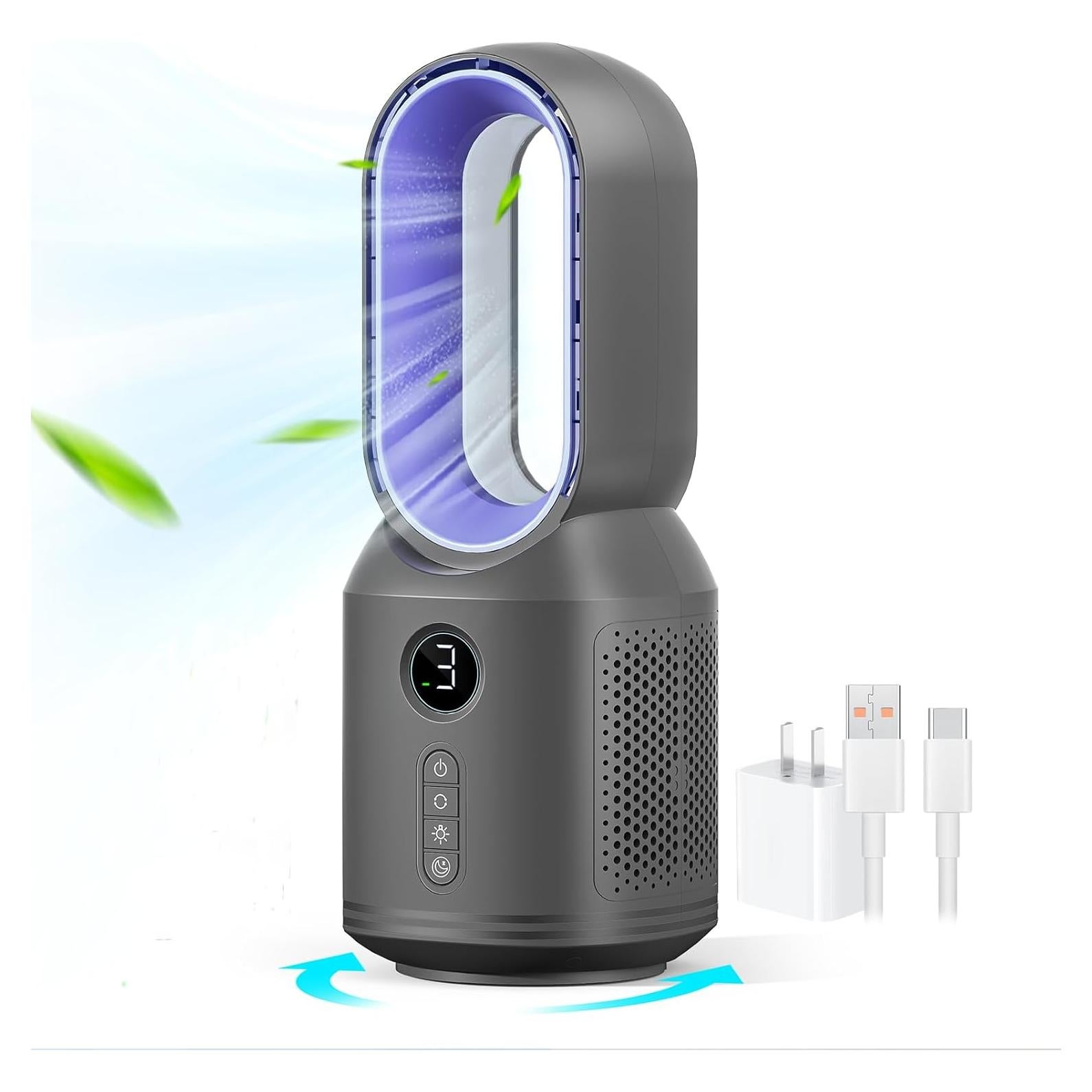 Desk Fan,13 Inch Portable Bladeless Fan, Small Quiet Office Fan with 106° Oscillating, 3 Speeds & Night light, LED Display, Button Control, Personal Table Fan for Bedroom, Office, Home, Study Room