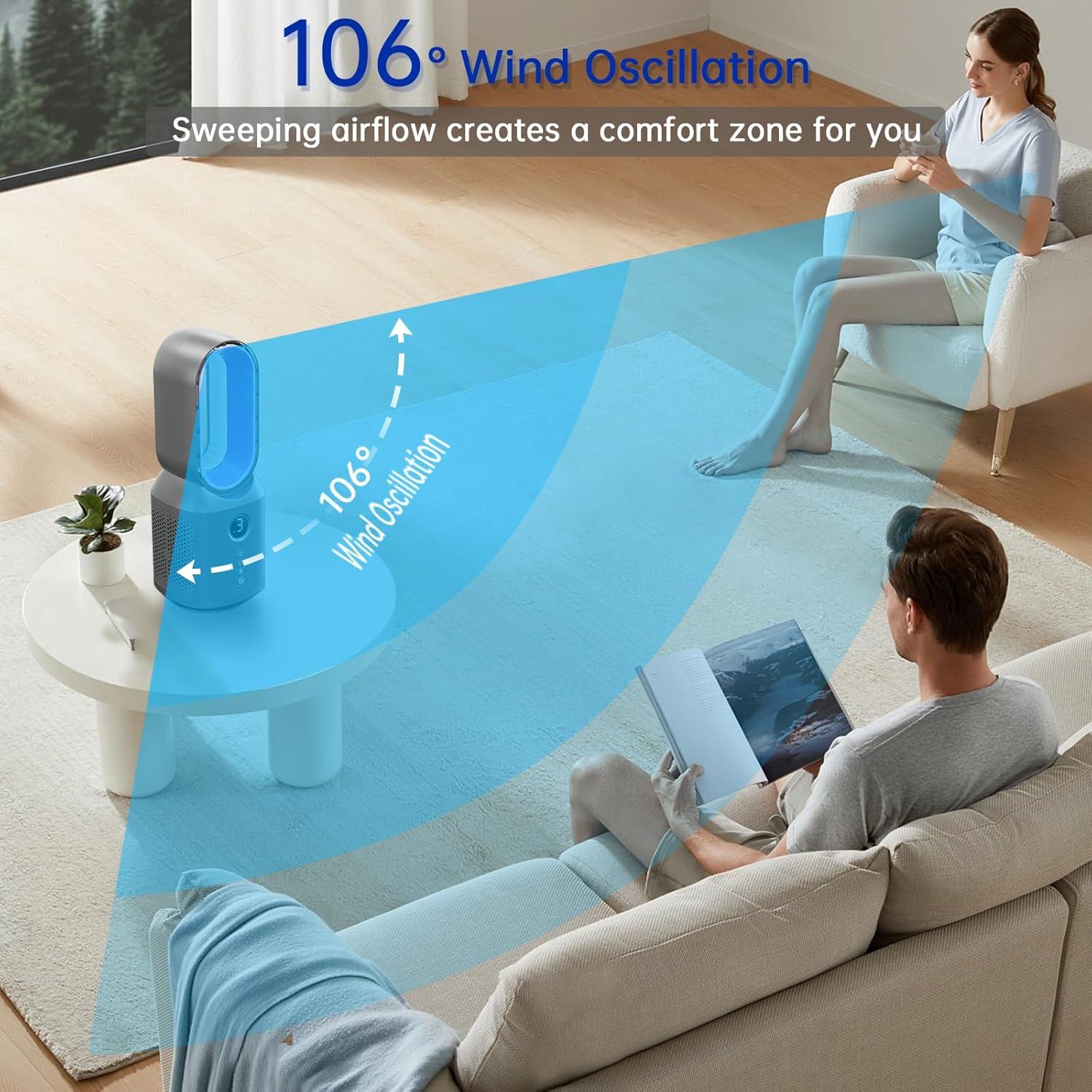 Desk Fan,13 Inch Portable Bladeless Fan, Small Quiet Office Fan with 106° Oscillating, 3 Speeds & Night light, LED Display, Button Control, Personal Table Fan for Bedroom, Office, Home, Study Room