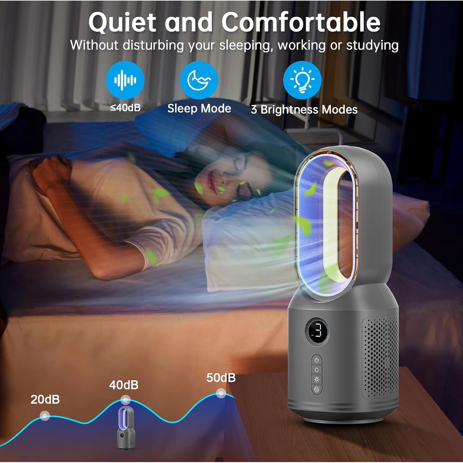 Desk Fan,13 Inch Portable Bladeless Fan, Small Quiet Office Fan with 106° Oscillating, 3 Speeds & Night light, LED Display, Button Control, Personal Table Fan for Bedroom, Office, Home, Study Room