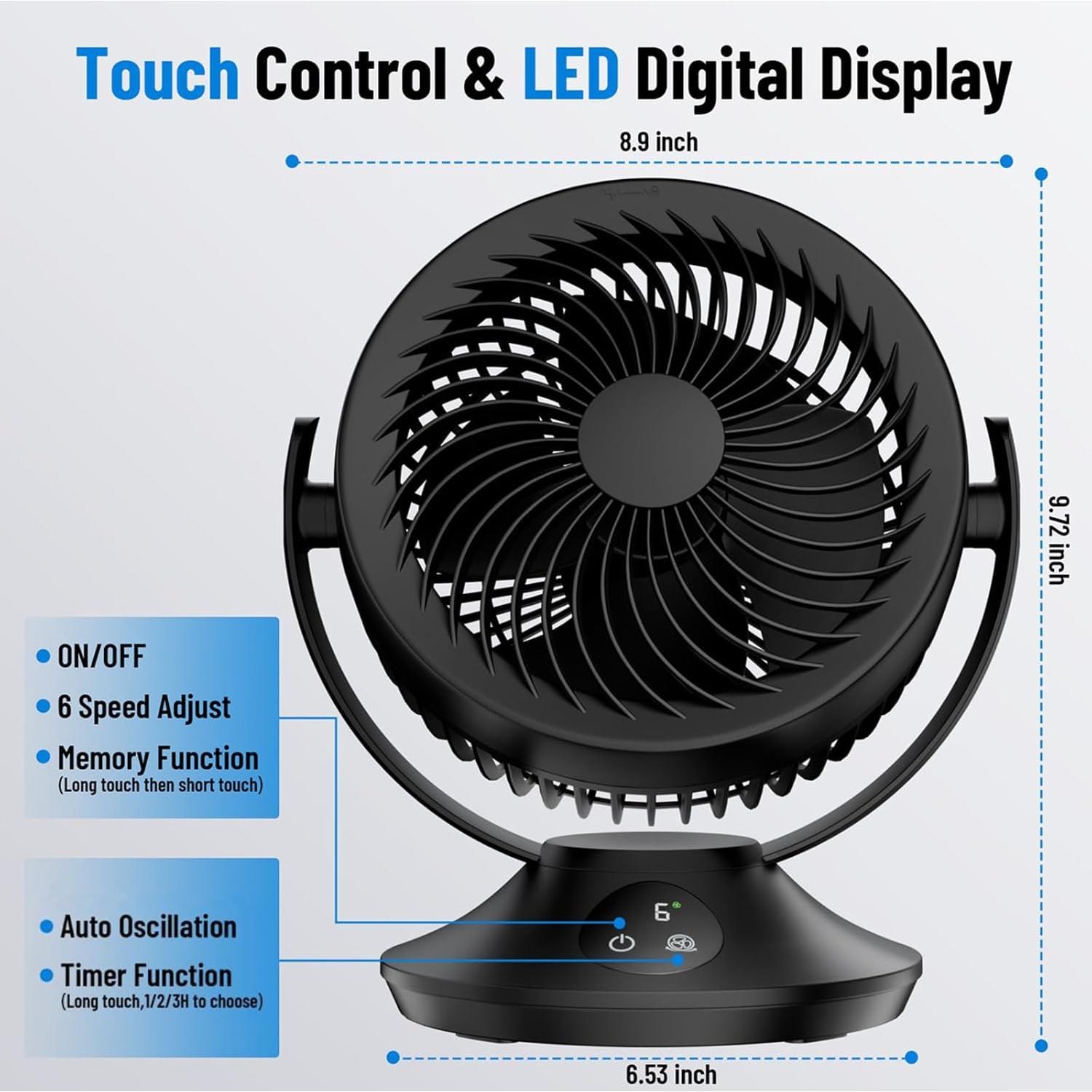 12000mAh Rechargeable Desk Fan, Portable Air Circulator - 6 Speeds, Timing, 360 Tilt, 90 Oscillating, Small Quiet Cooling for Bedroom, Home Office, Outdoor, Battery Operated