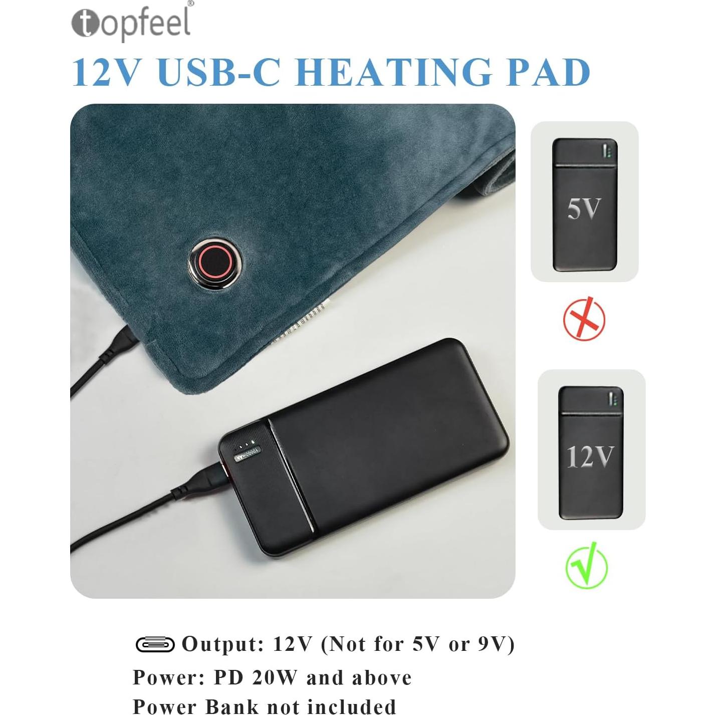 Almohadilla Térmica USB C 12V Topfeel 60x30 cm 3 Niveles Calor