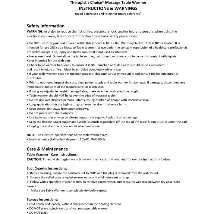Calentador de Mesa de Masaje Therapist's Choice 71x31 cm