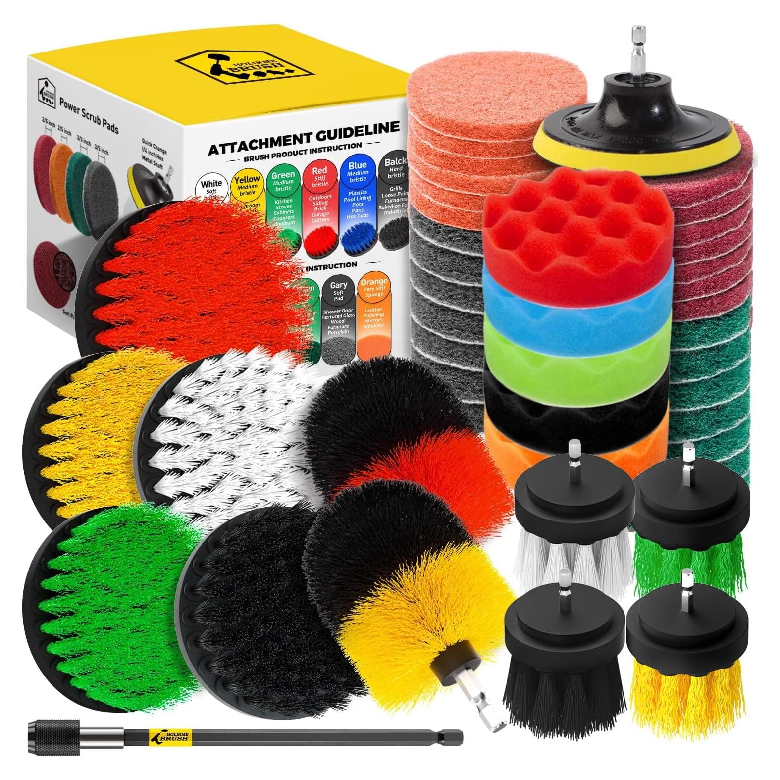 Holikme 45 Piece Drill Brush Attachment Set Scrub Pads Scouring Pads Power Scrubber Brush with Extend Long Attachment All Purpose Clean for Car Detailing，Grout, Tiles, Bathroom, Kitchen