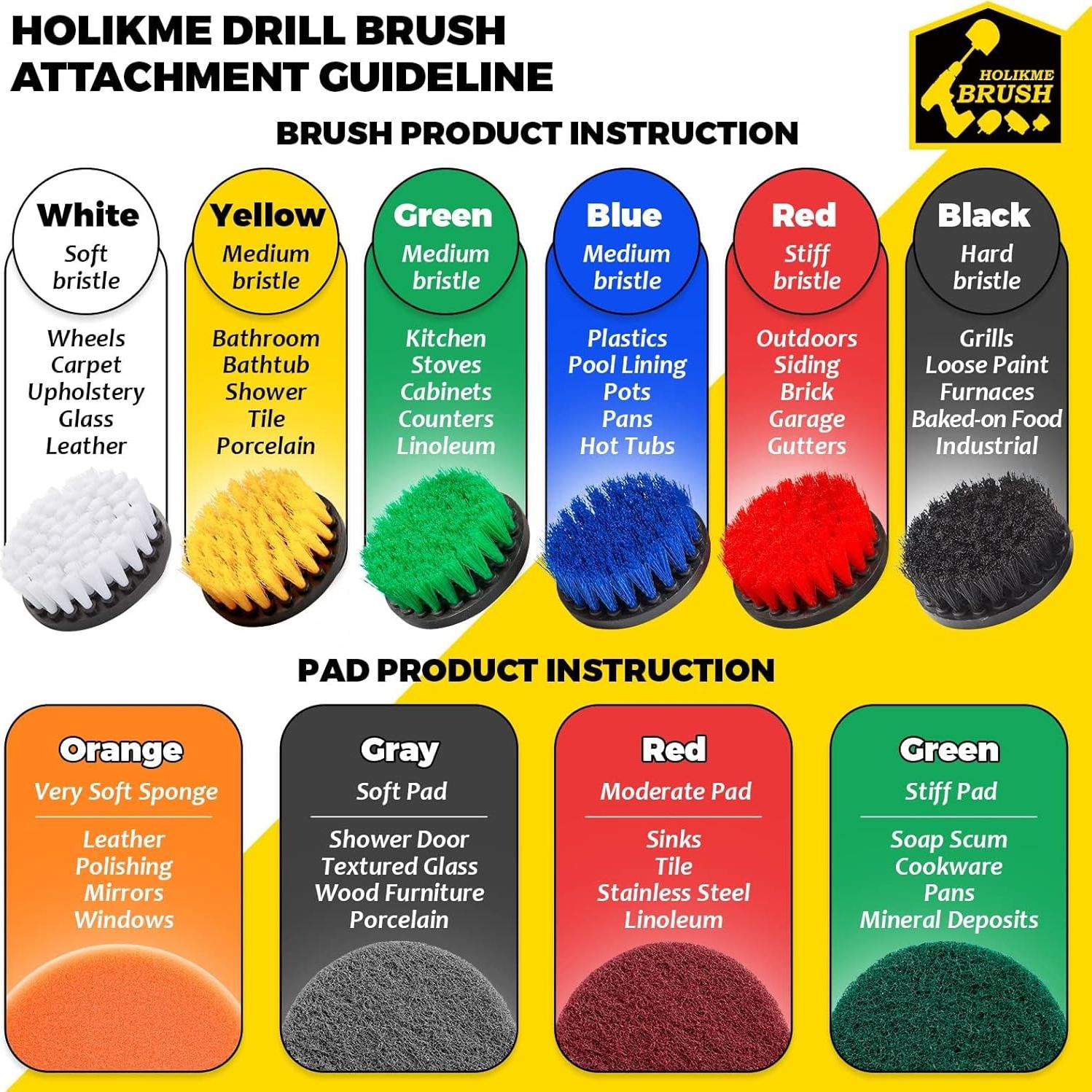 Holikme 45 Piece Drill Brush Attachment Set Scrub Pads Scouring Pads Power Scrubber Brush with Extend Long Attachment All Purpose Clean for Car Detailing，Grout, Tiles, Bathroom, Kitchen