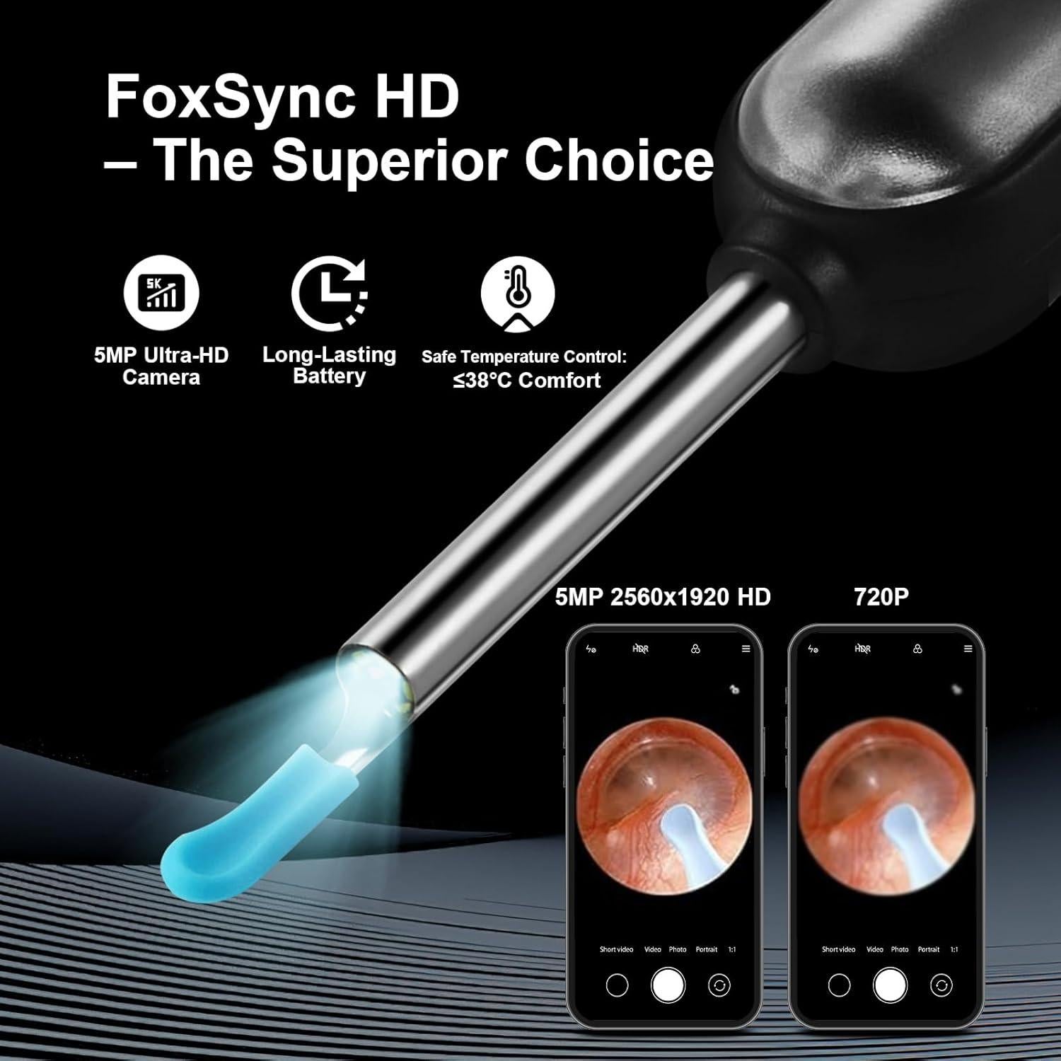 Limpiador de Oídos HD FoxSync 5MP con 11 Puntas y Carga Tipo-C