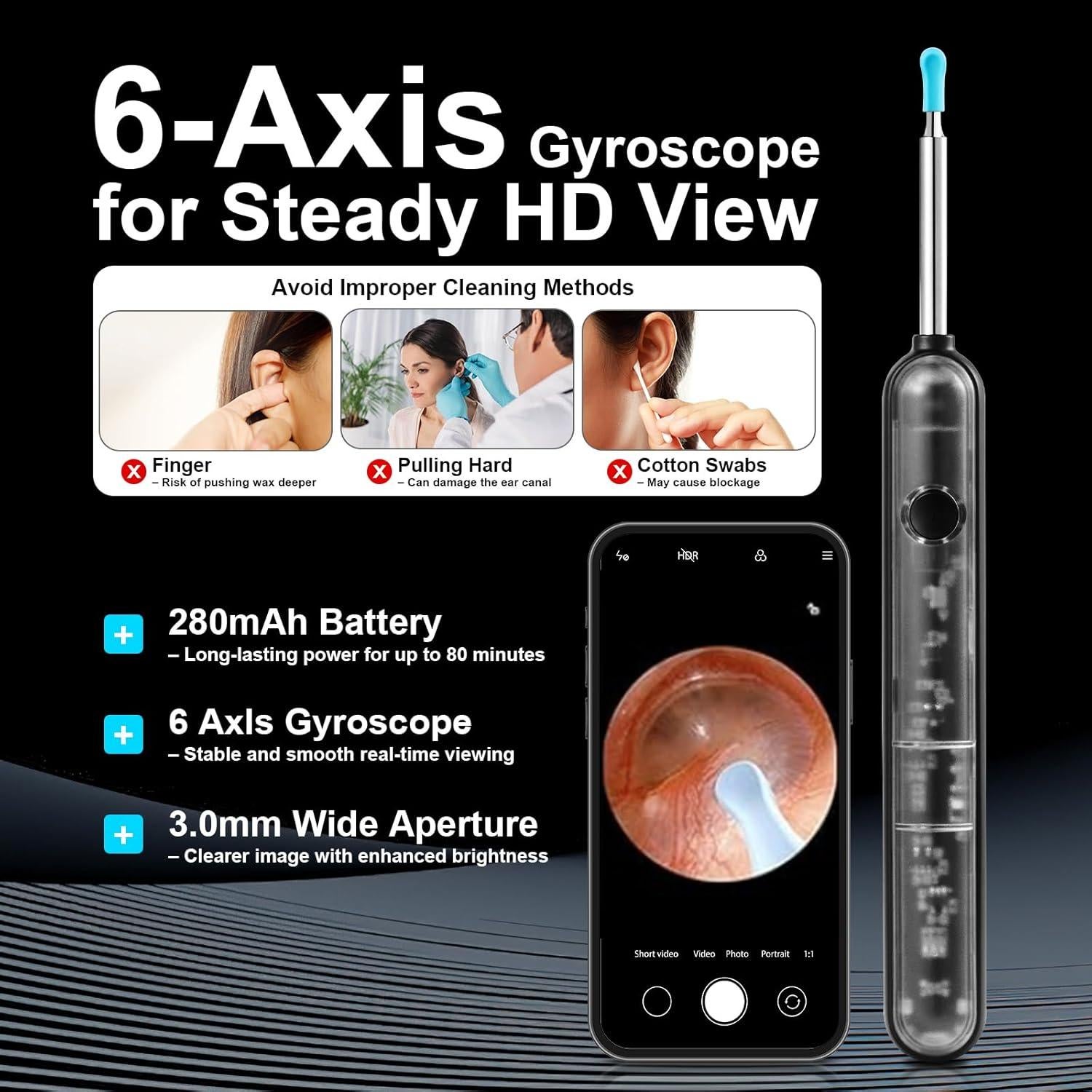 Limpiador de Oídos HD FoxSync 5MP con 11 Puntas y Carga Tipo-C