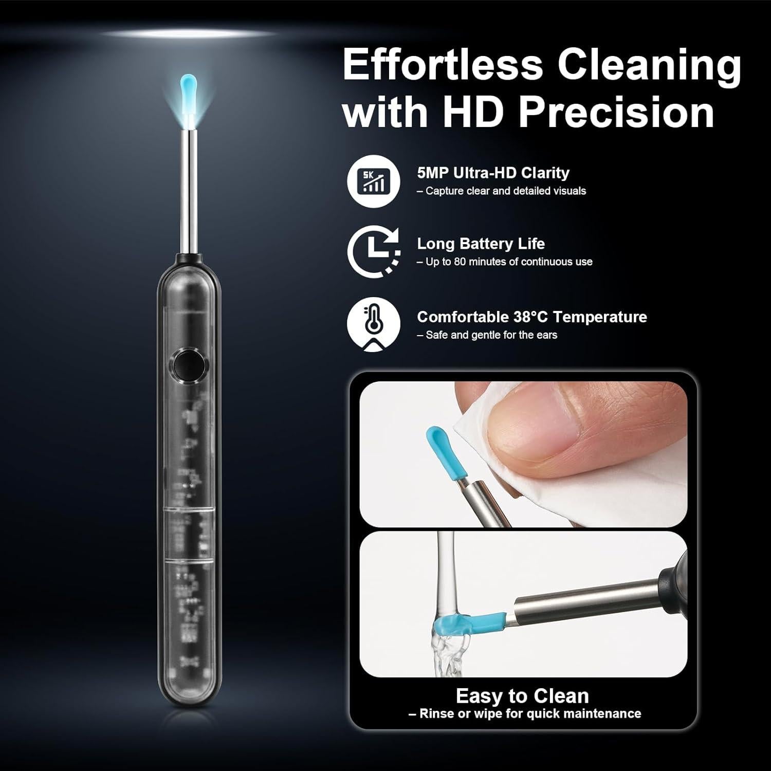 Limpiador de Oídos HD FoxSync 5MP con 11 Puntas y Carga Tipo-C