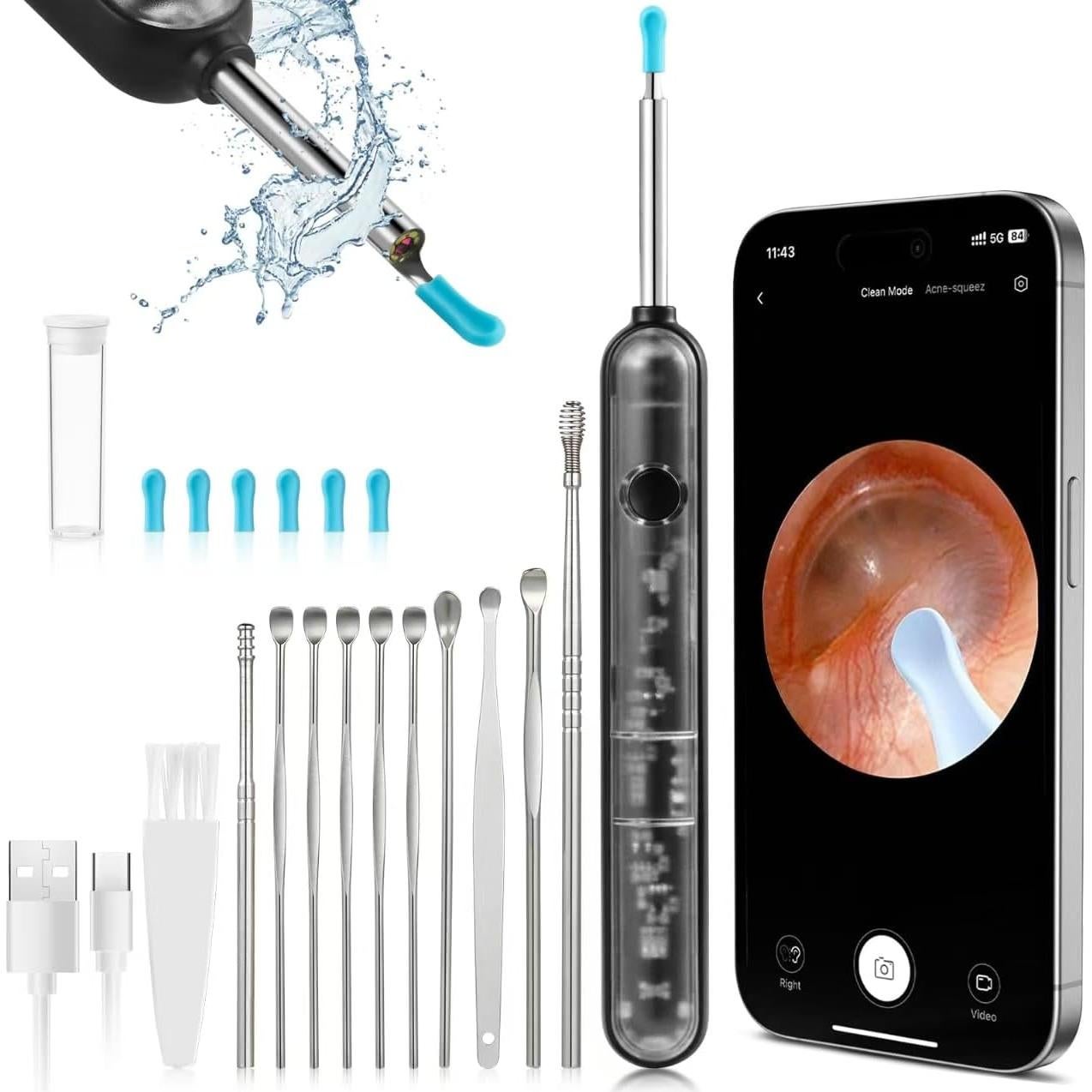 Limpiador de Oídos HD FoxSync 5MP con 11 Puntas y Carga Tipo-C