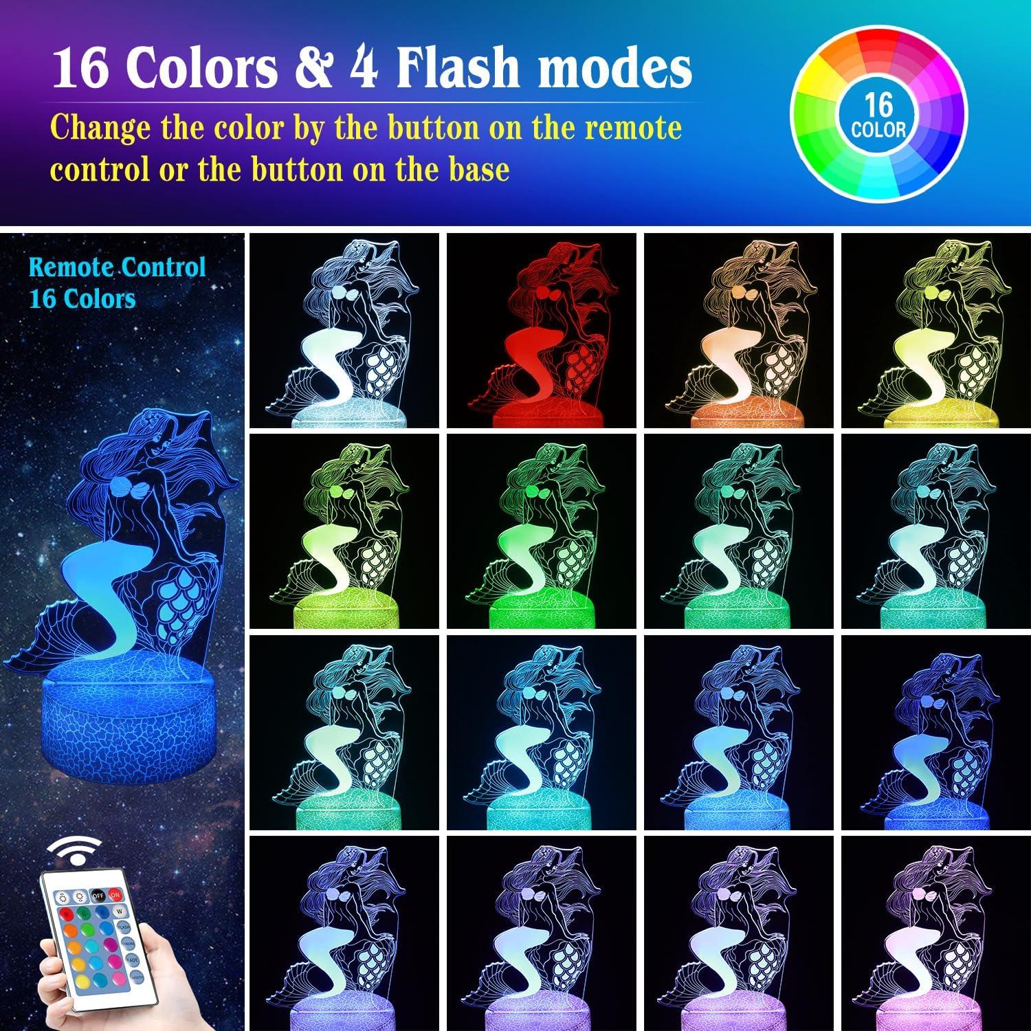 Lámpara Nocturna 3D Sirena SHWKMOPPE 16 Colores Control Remoto