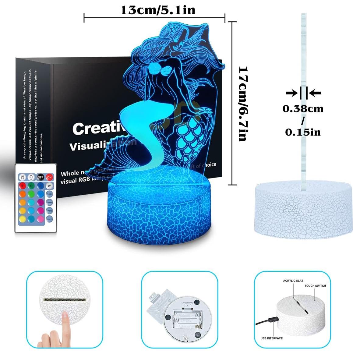 Lámpara Nocturna 3D Sirena SHWKMOPPE 16 Colores Control Remoto