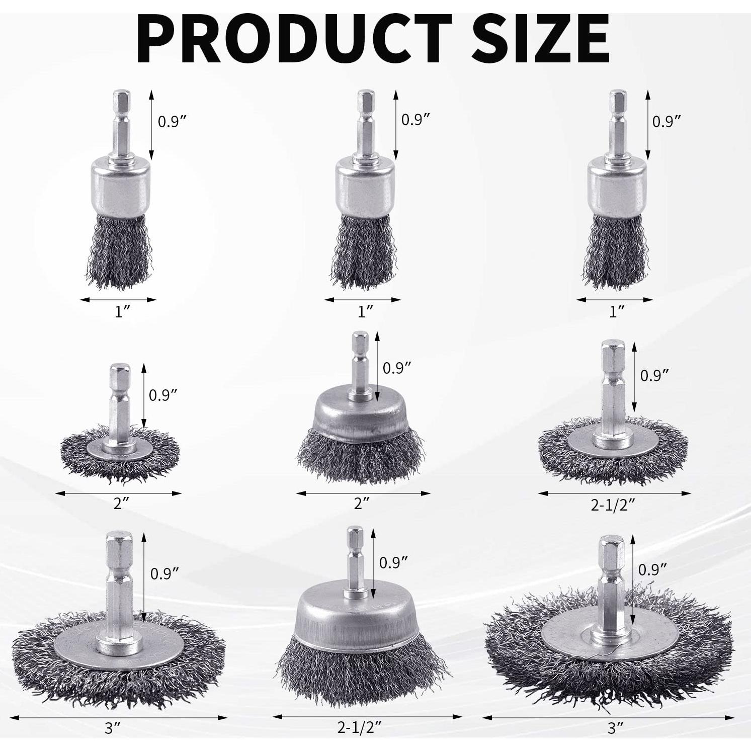 Juego de 9 cepillos de alambre WENORA para taladro 6.35mm