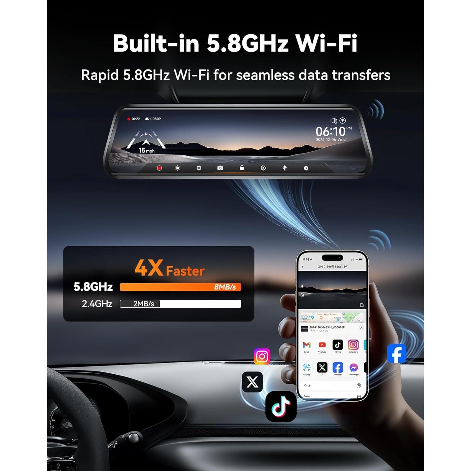 Cámara de Espejo Retrovisor WOLFBOX G930 4K 10" con WiFi y GPS