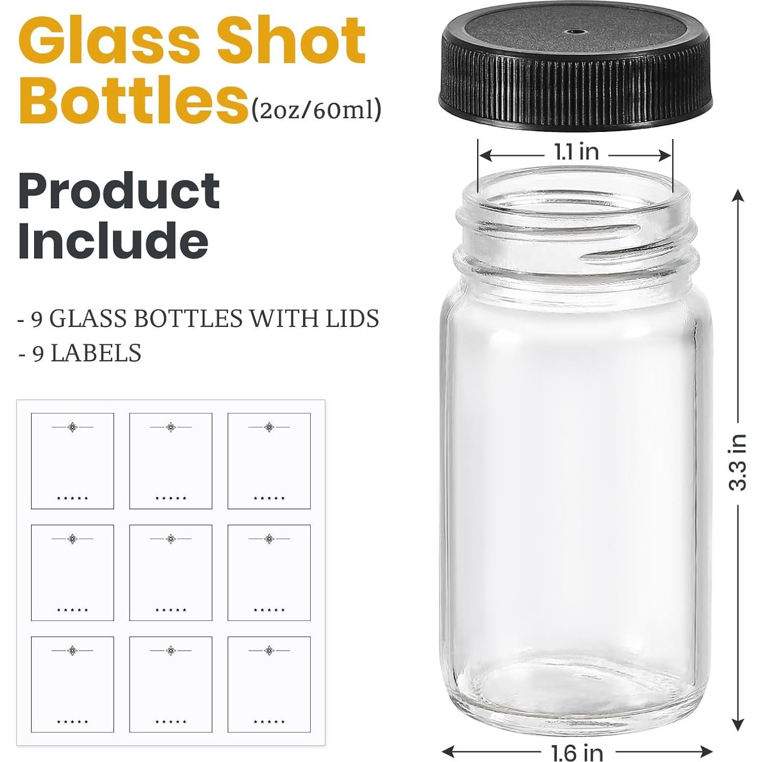 Paquete de 9 Botellas de Vidrio 60 ml LANDNEOO con Tapas Negras