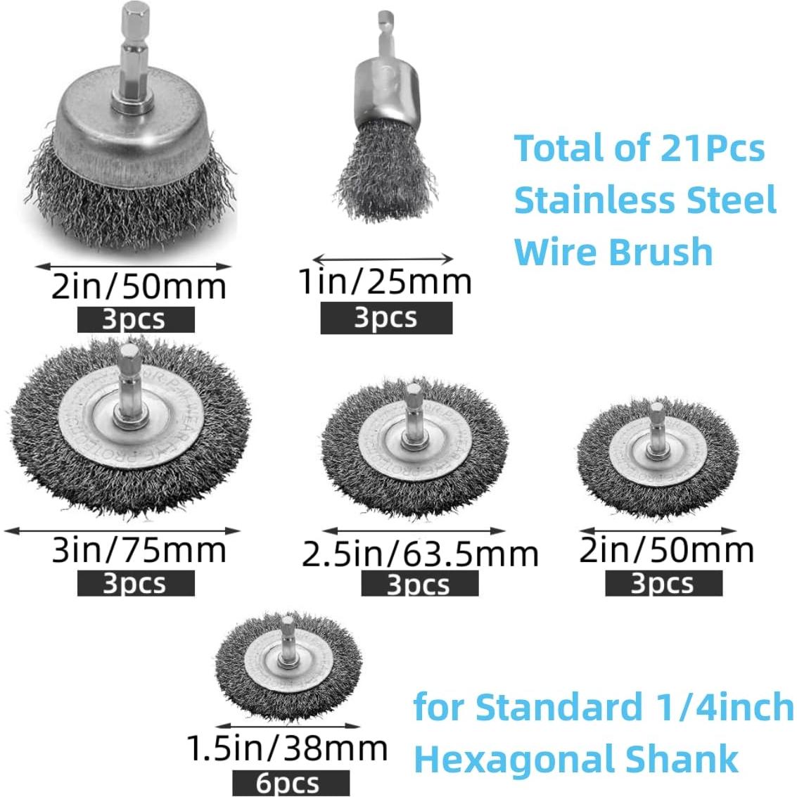 Juego de 21 cepillos de alambre Farady para taladro 6,35-7,62 cm