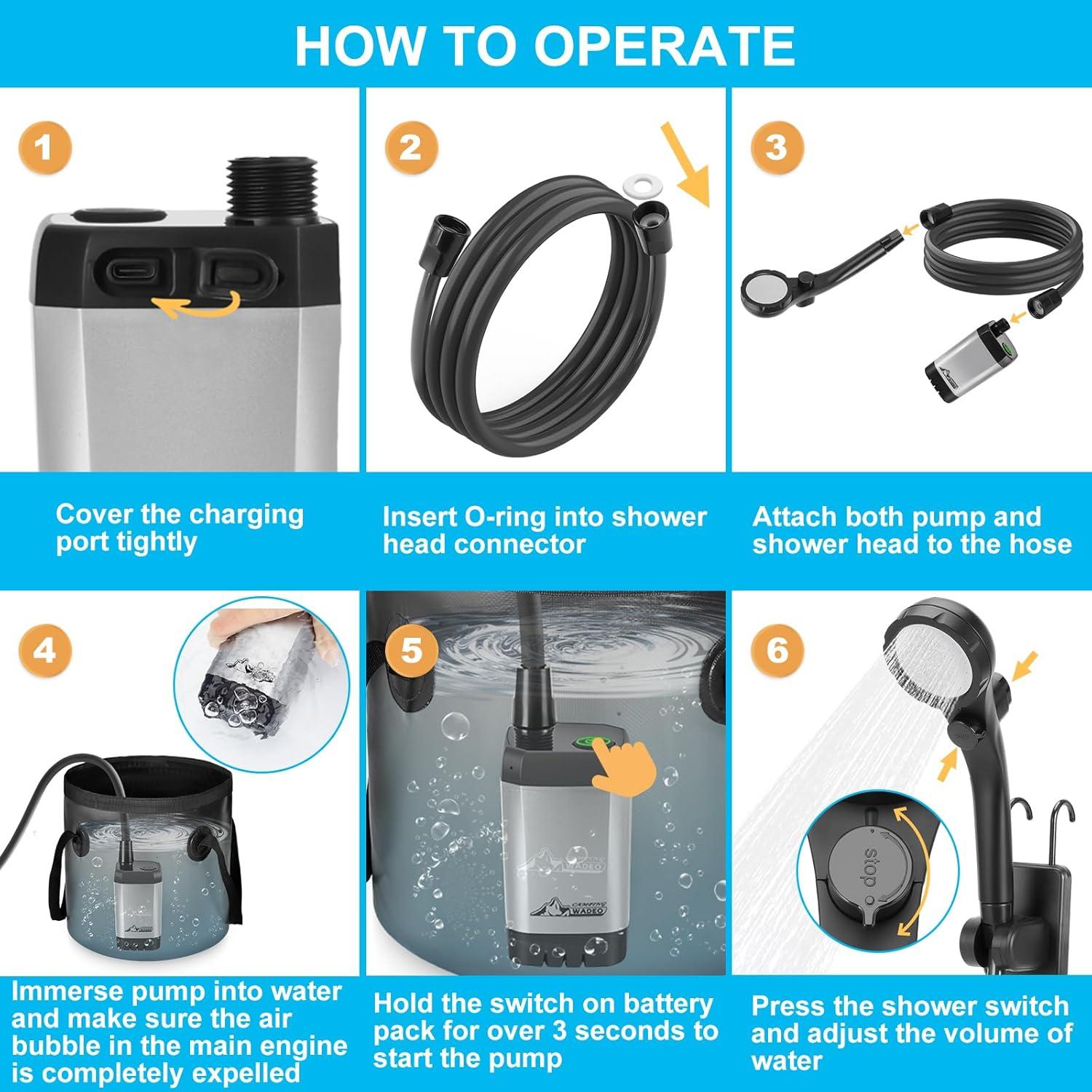 Ducha Portátil WADEO 6000mAh con Pantalla Digital y 3 Modos