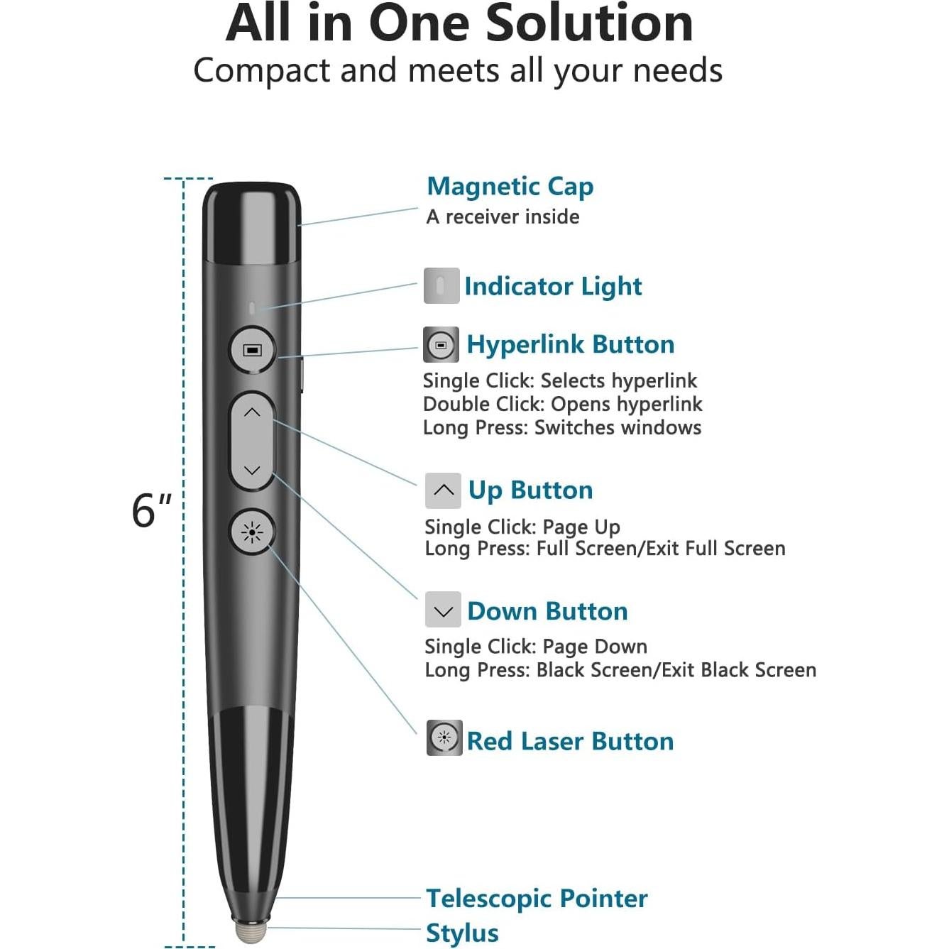 Presentador Inalámbrico Miritz TeachPro 4-en-1 con Puntero Rojo