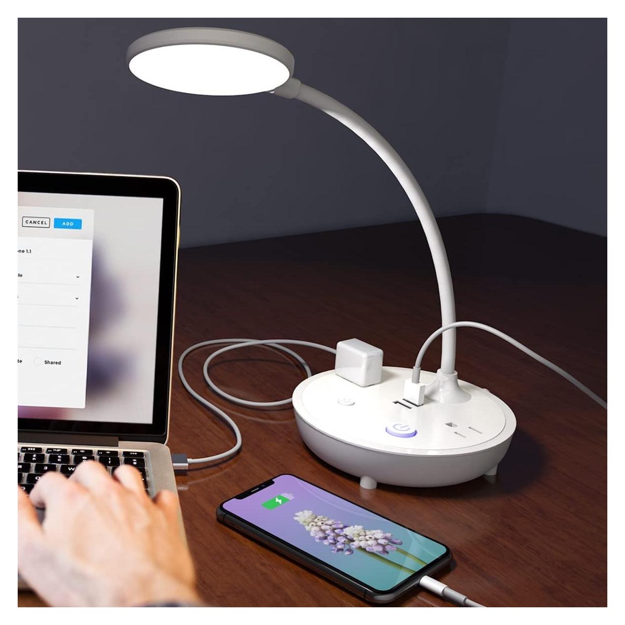 Lámpara de Escritorio LED Bodun Blanca con 2 Puertos USB