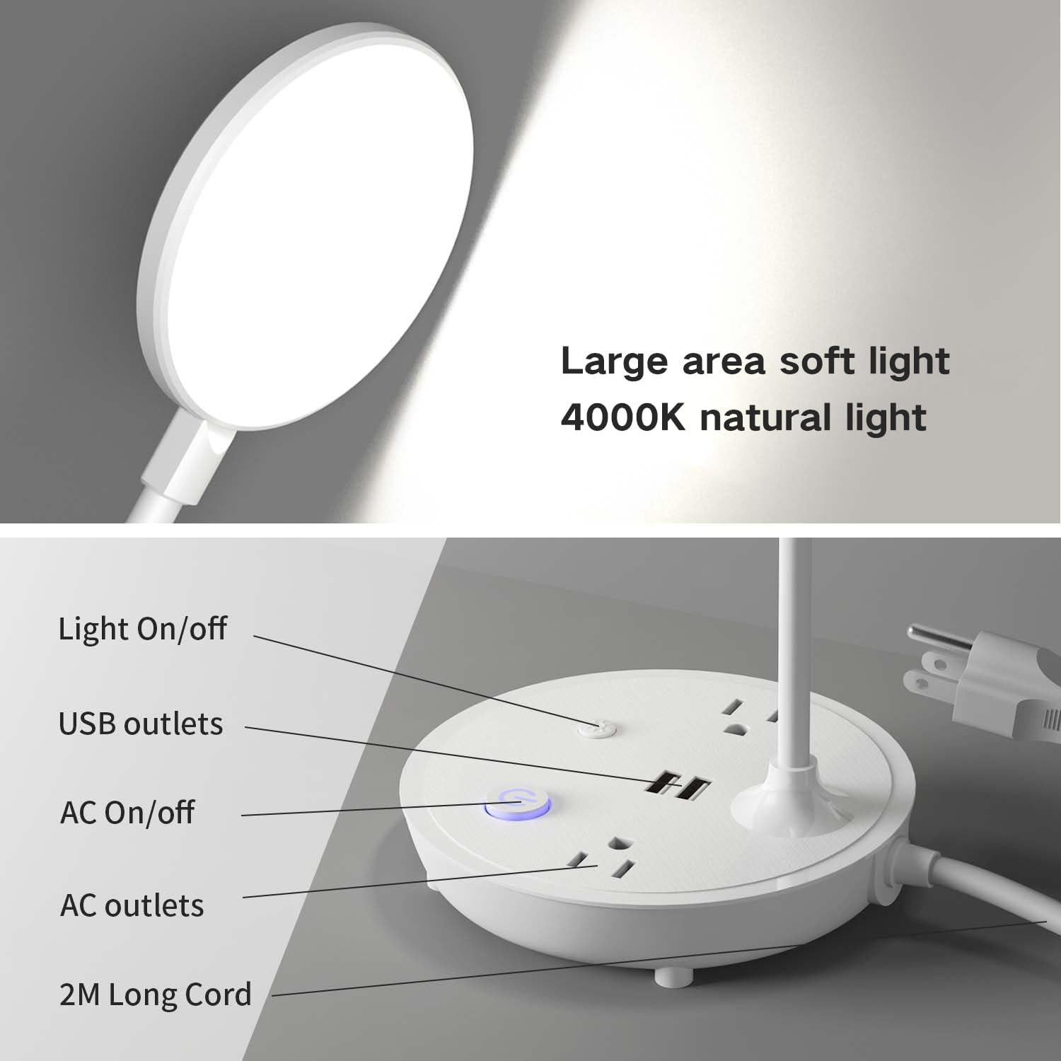 Lámpara de Escritorio LED Bodun Blanca con 2 Puertos USB