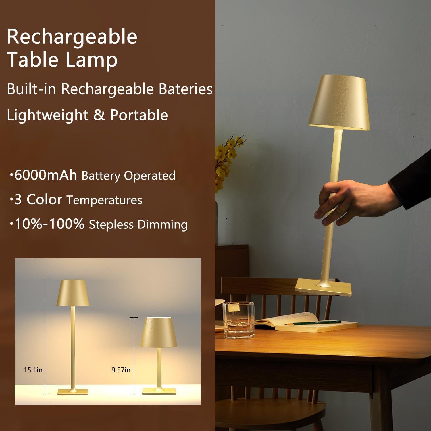 Juego de 4 Lámparas de Mesa Inalámbricas Doradas LED 6000mAh