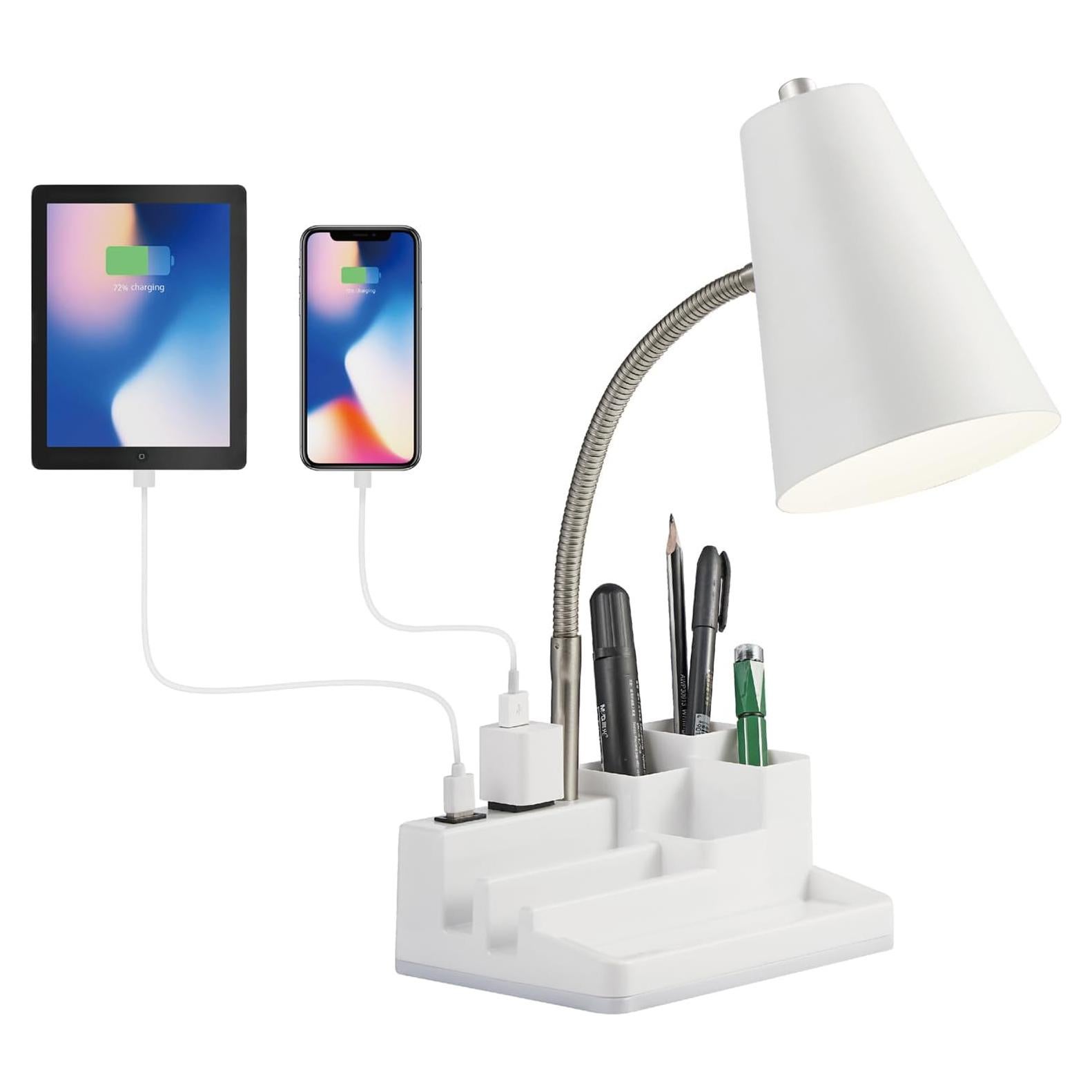 Lámpara de Escritorio E26 Blanca con USB y Toma AC