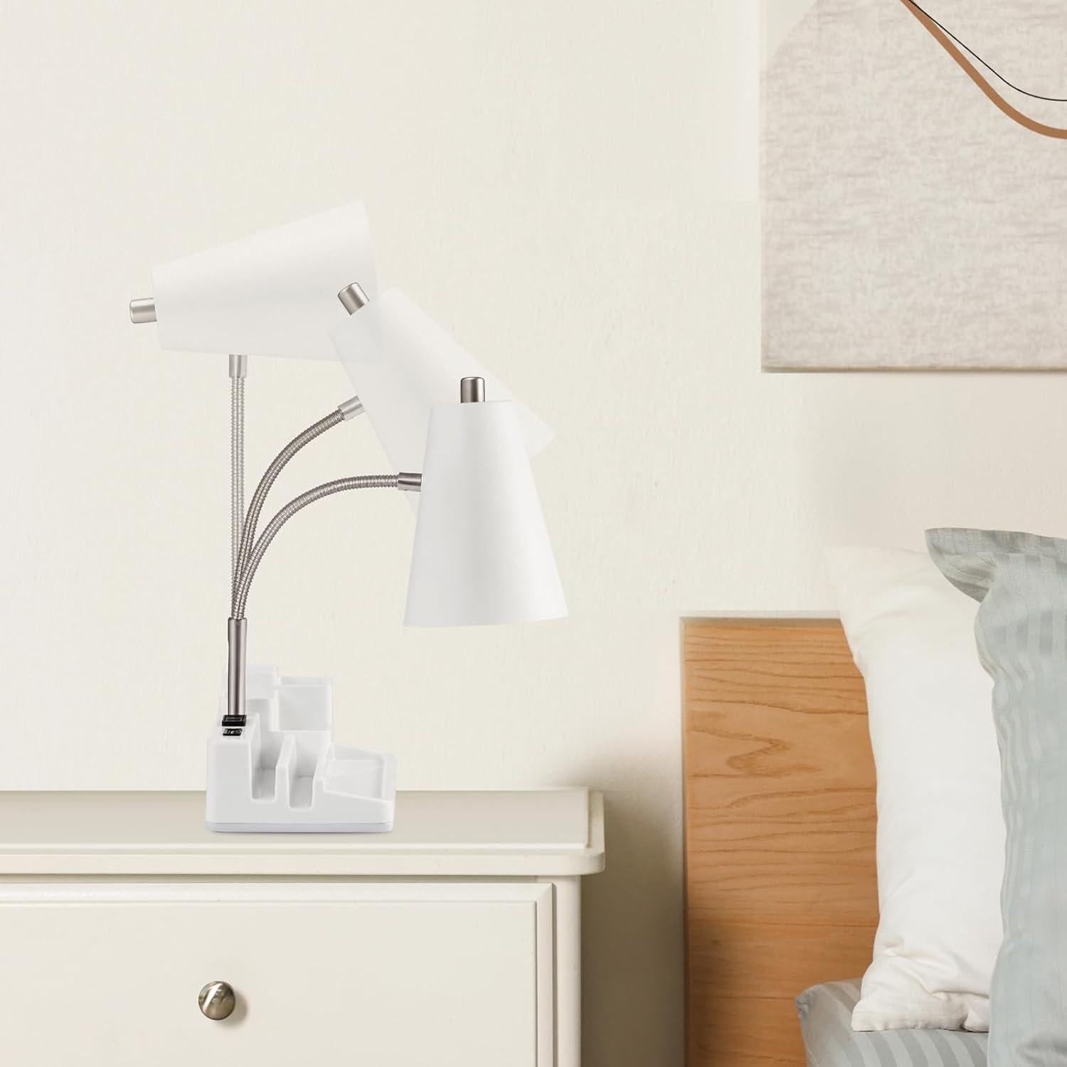 Lámpara de Escritorio E26 Blanca con USB y Toma AC