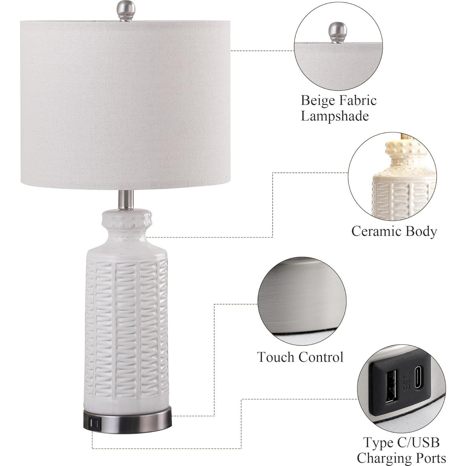 Juego de 2 Lámparas de Mesa Cerámica JR 71 cm con USB