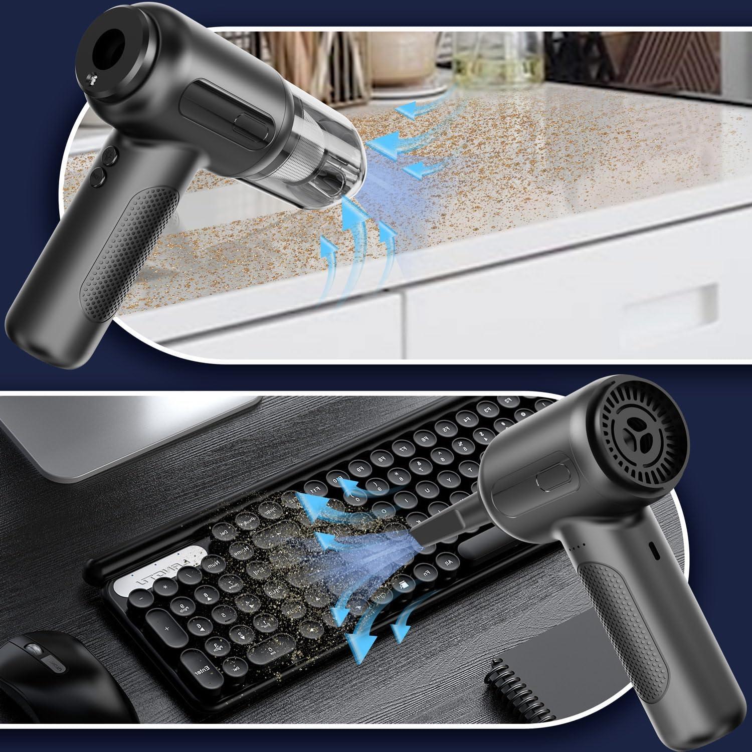 Compressed Air Vacuum,4 in 1 Air Duster Computer Mini Vacuum Cleaner, 160000RPM Brushless Motor Cordless Handheld Vacuum, Canned Air Spray Portable Car Vacuum Keyboard Cleaner