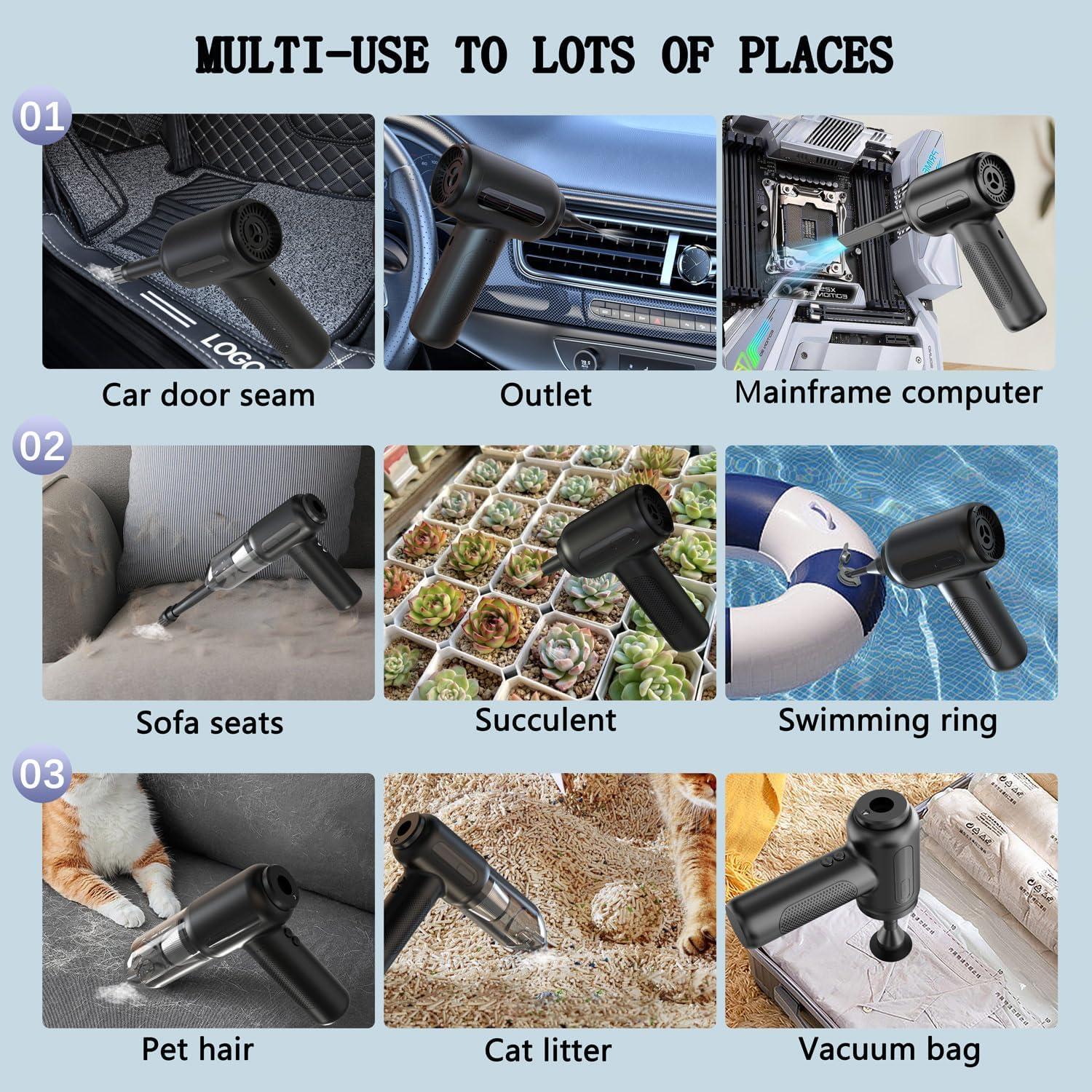 Compressed Air Vacuum,4 in 1 Air Duster Computer Mini Vacuum Cleaner, 160000RPM Brushless Motor Cordless Handheld Vacuum, Canned Air Spray Portable Car Vacuum Keyboard Cleaner