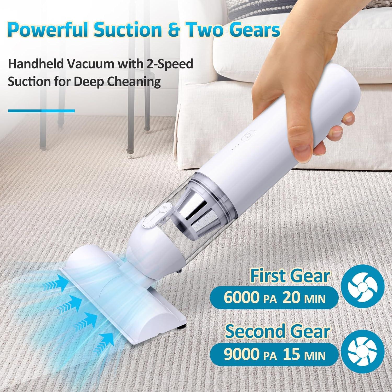 Julysky Handheld Vacuum Cordless, 9000PA High Power Suction Car Vacuum Portable Cordless, 4 in 1 Hand Held Vacuum Cleaner Rechargeable for Car, Office, Home, Pet, White