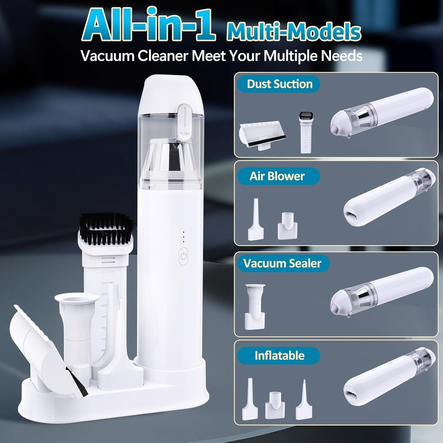 Julysky Handheld Vacuum Cordless, 9000PA High Power Suction Car Vacuum Portable Cordless, 4 in 1 Hand Held Vacuum Cleaner Rechargeable for Car, Office, Home, Pet, White