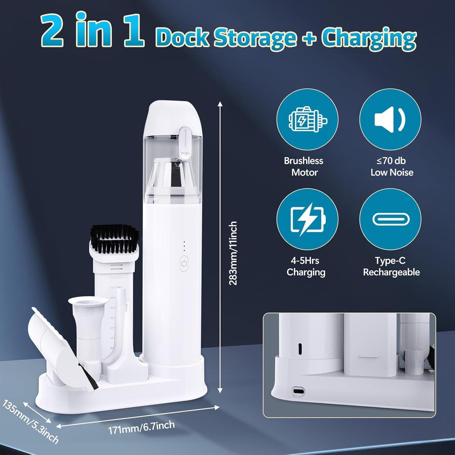 Julysky Handheld Vacuum Cordless, 9000PA High Power Suction Car Vacuum Portable Cordless, 4 in 1 Hand Held Vacuum Cleaner Rechargeable for Car, Office, Home, Pet, White