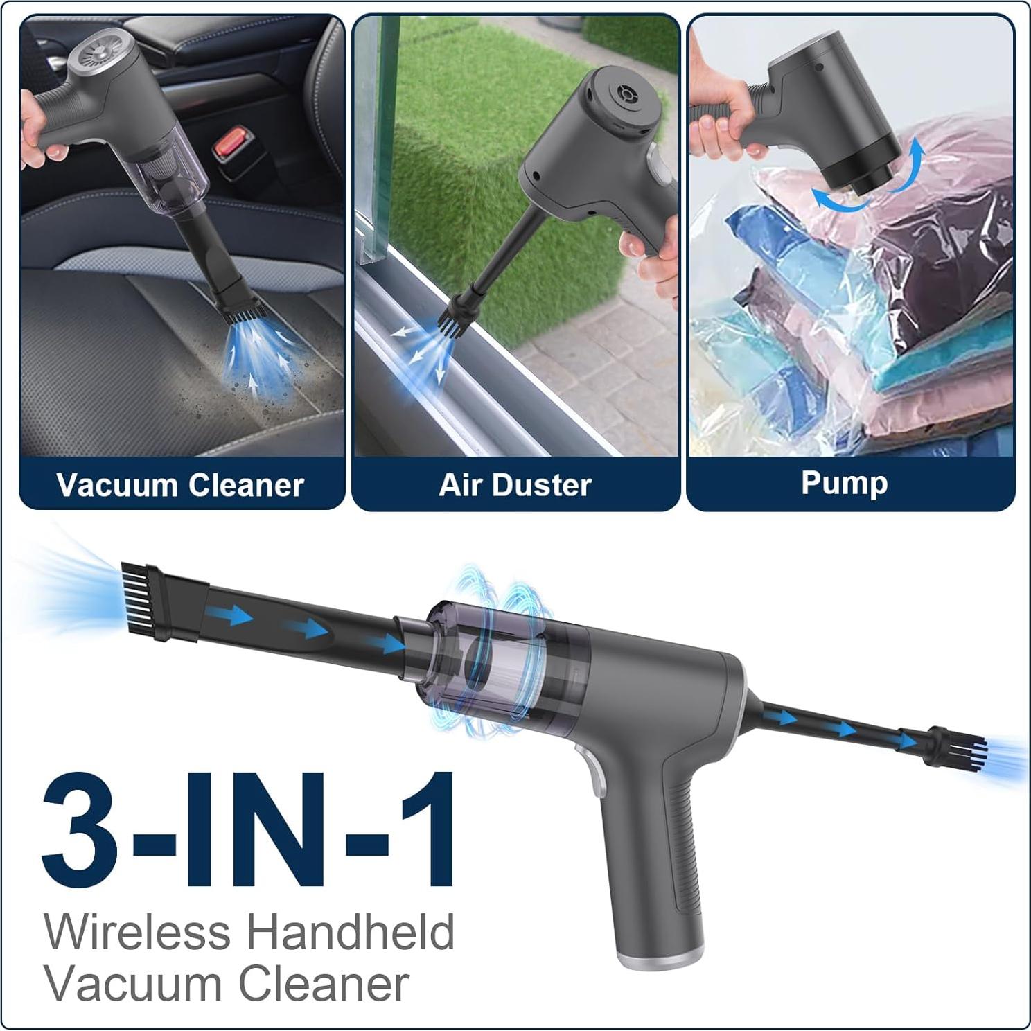 Small Car Vacuum Cordless, Mini Handheld Vacuum 6000PA Suction,3 in 1 Portable Vacuum Cleaner & Air Duster & Pump,Mini Car Vacuum Cleaner Rechargeable,Hand Held Hoover for Car,Home,Office