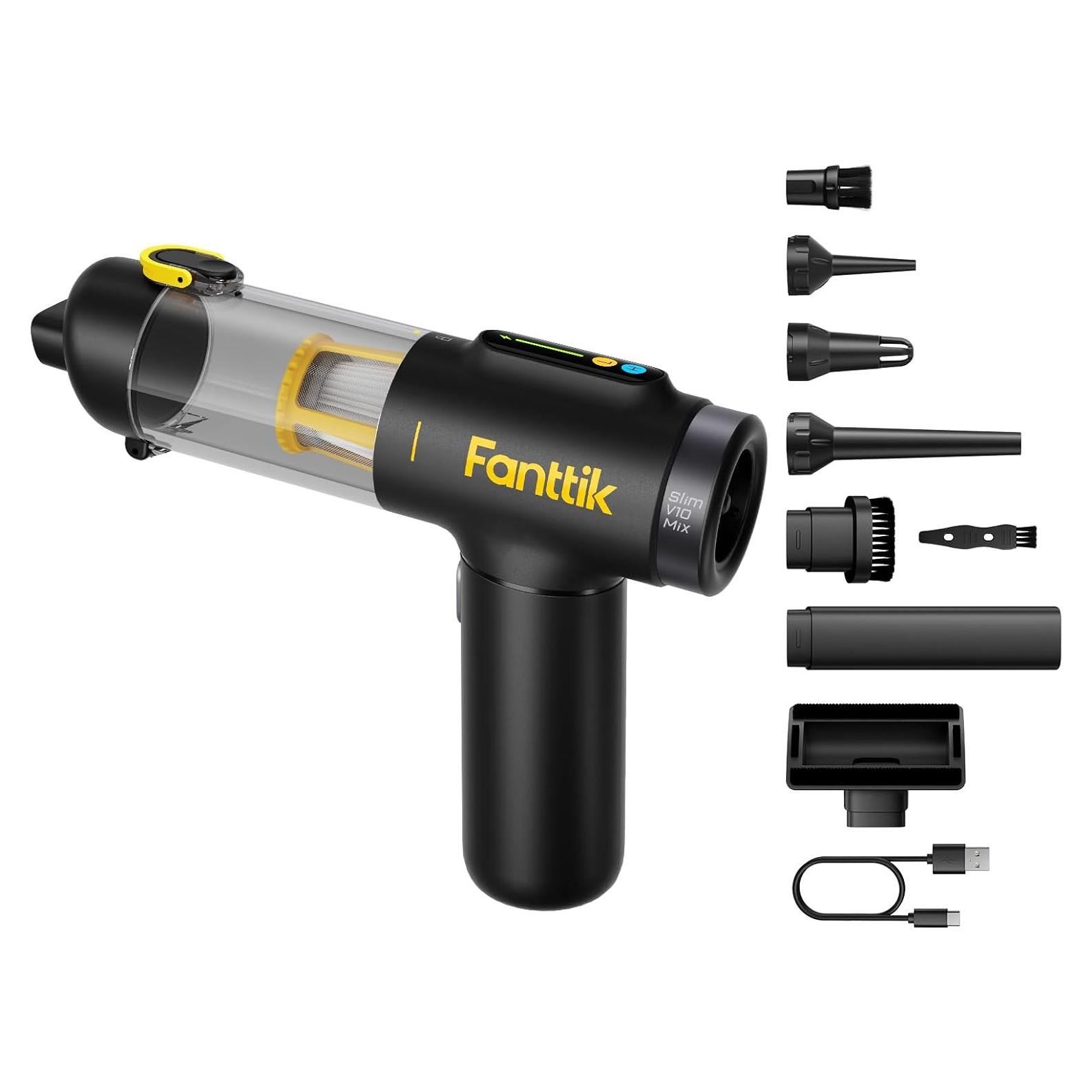 Fanttik Slim V10 Mix Cordless Car Vacuum, 4 in 1 Handheld Air Duster, Color Smart LED Display, 16kPa Suction Power, Cordless Portable Mini Keyboard Vacuum for Car, Office Desk