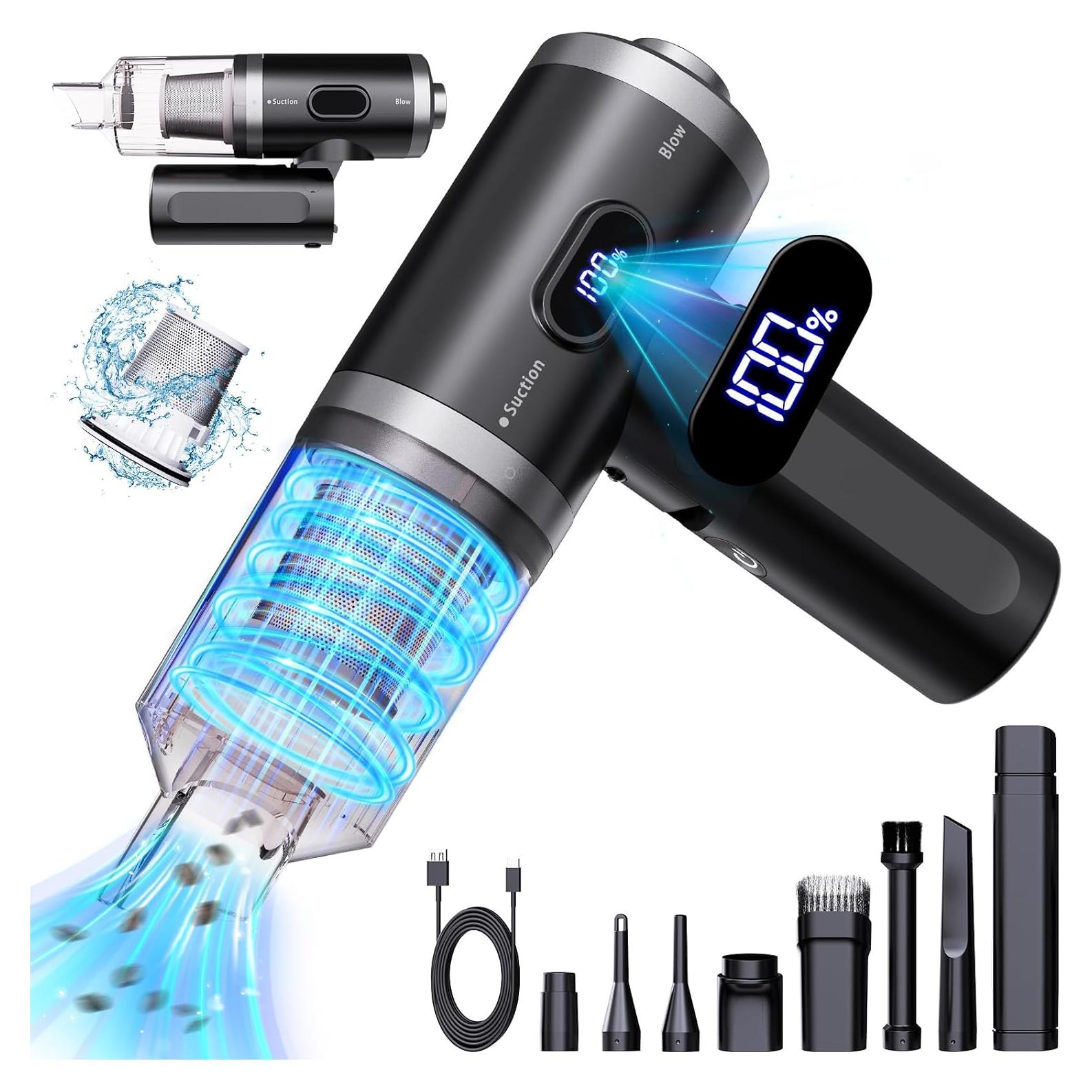 Car Vacuum Portable Cordless,7 in 1 Handheld Vacuum 90° Foldable,14000PA Suction Power, Brushless Motor, LCD Display, LED Light, Portable Vacuum Cleaner for Home and Car,Kitchen,Office Desk, Keyboards