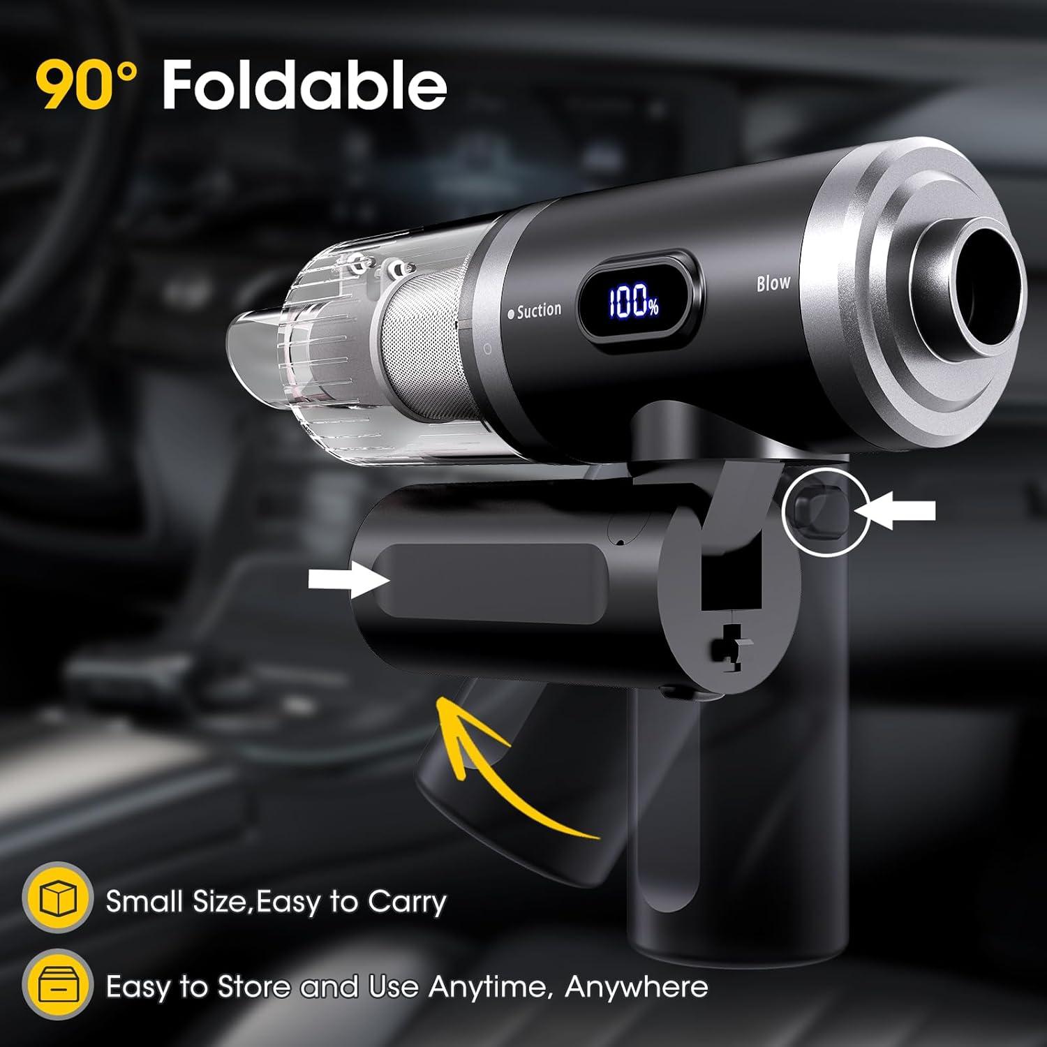 Car Vacuum Portable Cordless,7 in 1 Handheld Vacuum 90° Foldable,14000PA Suction Power, Brushless Motor, LCD Display, LED Light, Portable Vacuum Cleaner for Home and Car,Kitchen,Office Desk, Keyboards