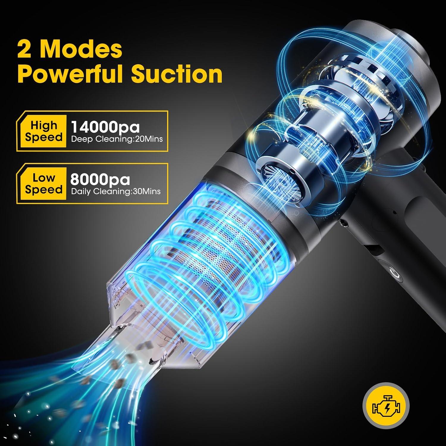 Car Vacuum Portable Cordless,7 in 1 Handheld Vacuum 90° Foldable,14000PA Suction Power, Brushless Motor, LCD Display, LED Light, Portable Vacuum Cleaner for Home and Car,Kitchen,Office Desk, Keyboards