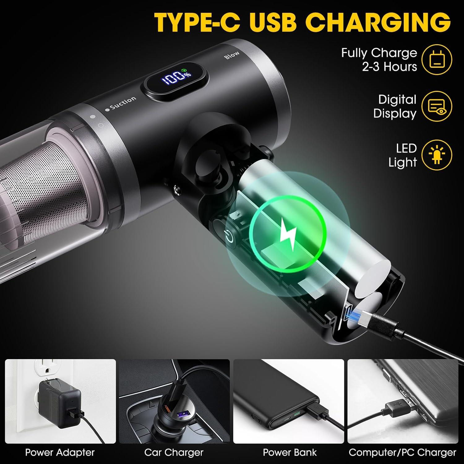 Car Vacuum Portable Cordless,7 in 1 Handheld Vacuum 90° Foldable,14000PA Suction Power, Brushless Motor, LCD Display, LED Light, Portable Vacuum Cleaner for Home and Car,Kitchen,Office Desk, Keyboards