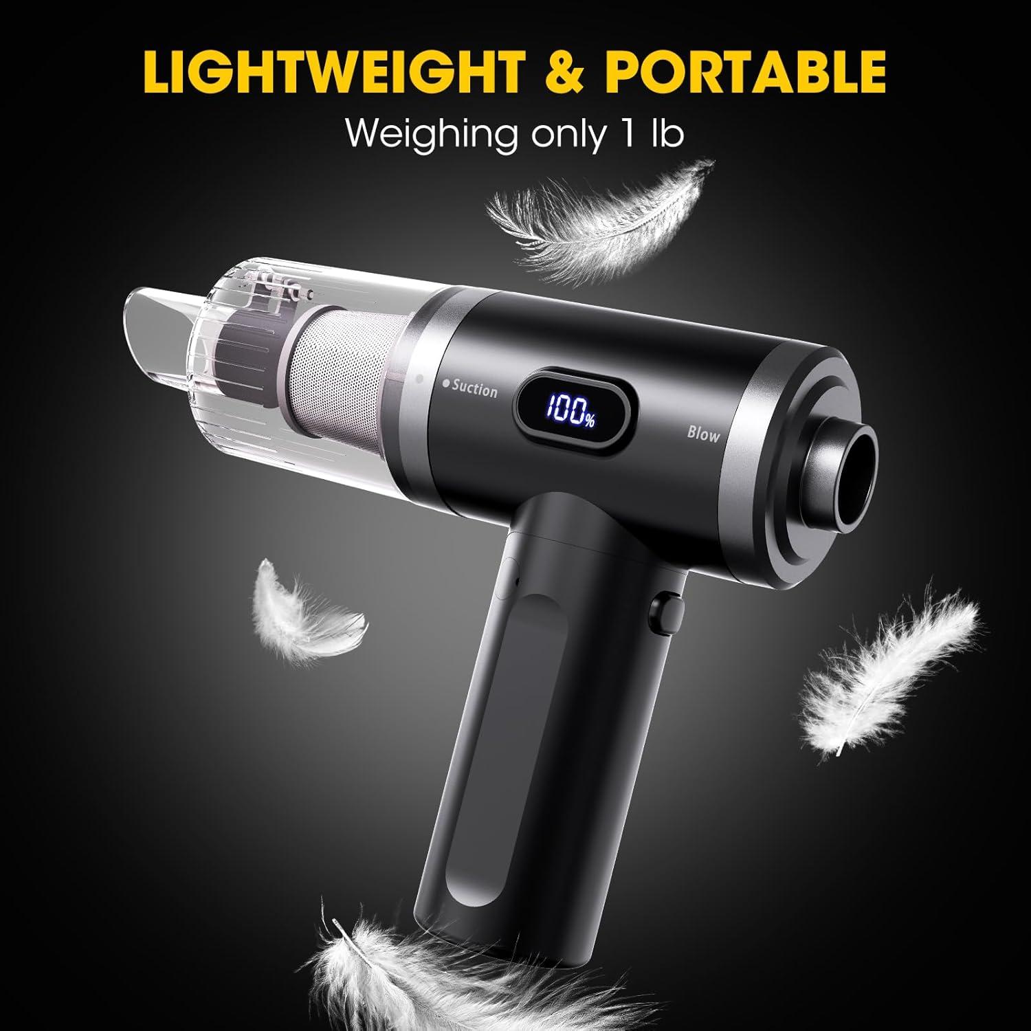 Car Vacuum Portable Cordless,7 in 1 Handheld Vacuum 90° Foldable,14000PA Suction Power, Brushless Motor, LCD Display, LED Light, Portable Vacuum Cleaner for Home and Car,Kitchen,Office Desk, Keyboards