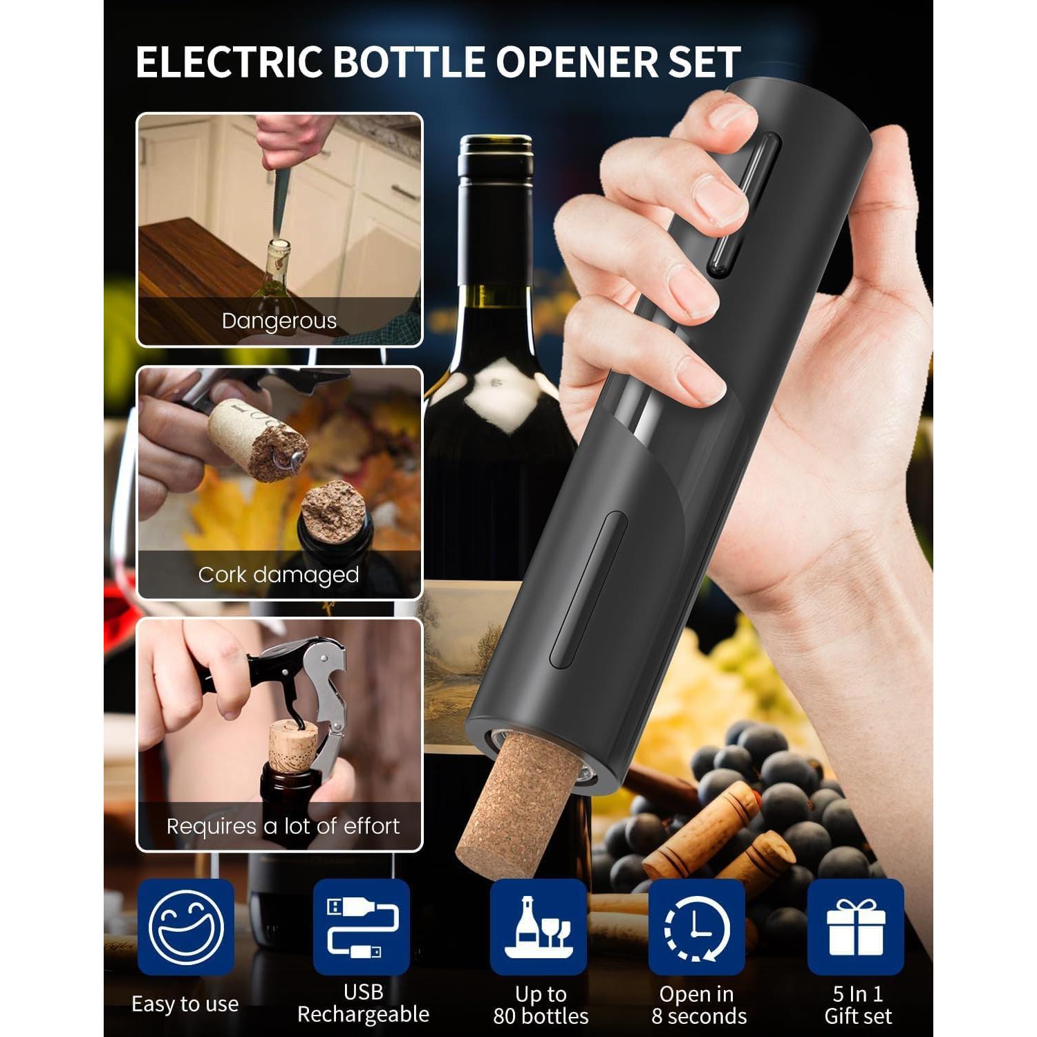 Abridor de Vino Eléctrico LCQSHENG 5 en 1 Negro