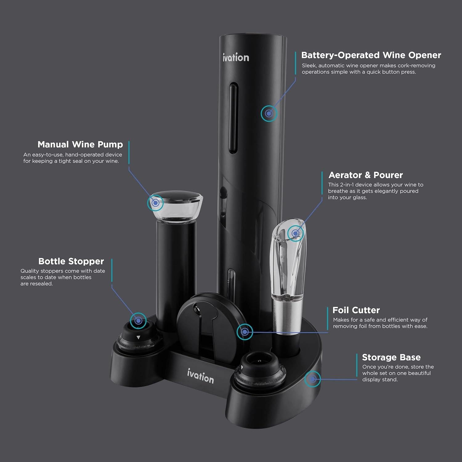 Juego de Vino 7 Piezas Ivation - Abrebotellas Eléctrico y Más