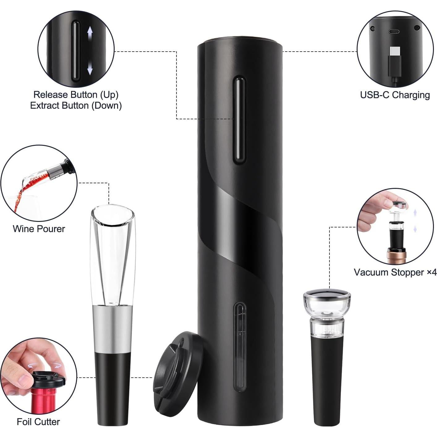 Sacacorchos Eléctrico ELMWAY Negro con Cortador y Tapones