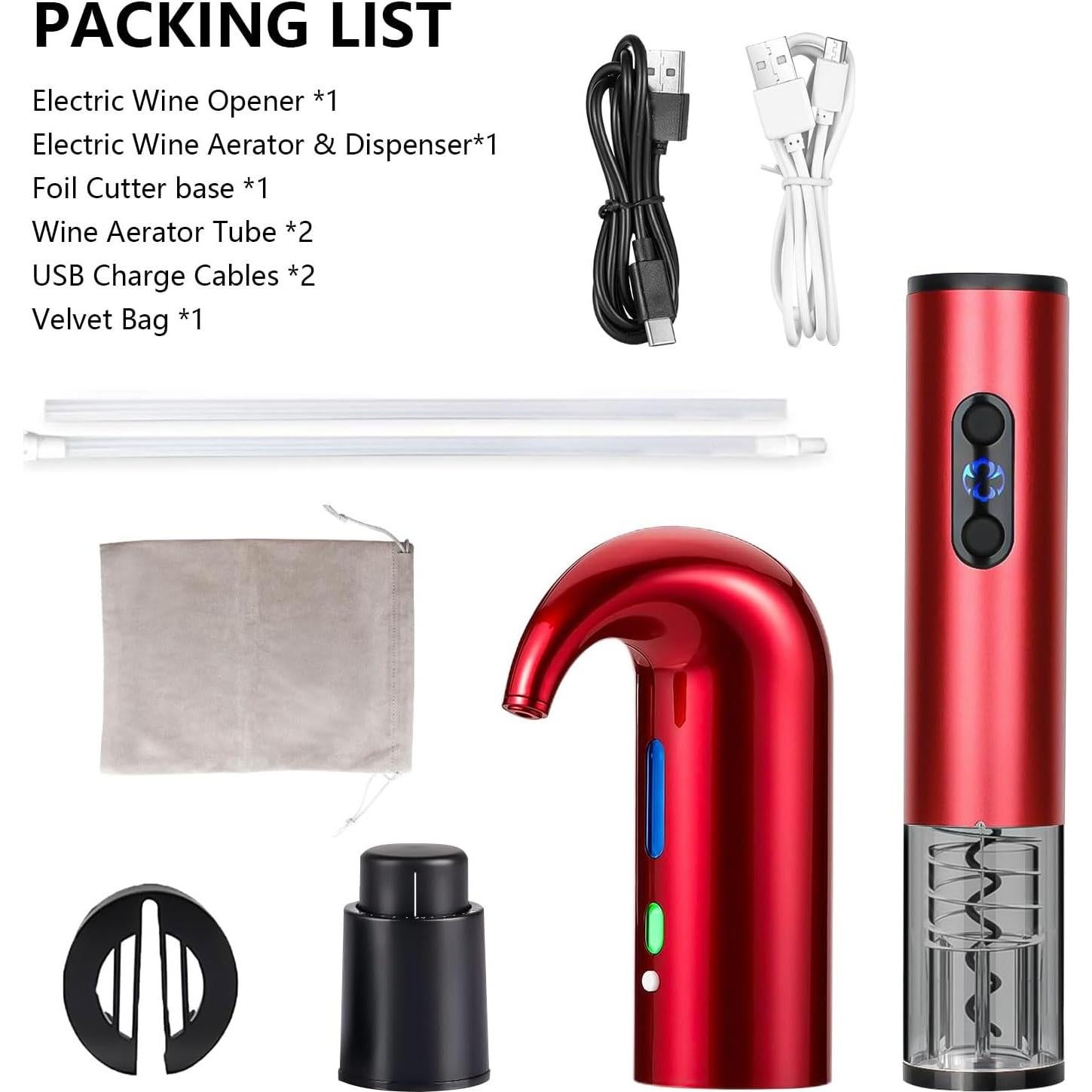 Juego Sacacorchos Eléctrico OYNUPIKR Rojo con Aerador y Tapón