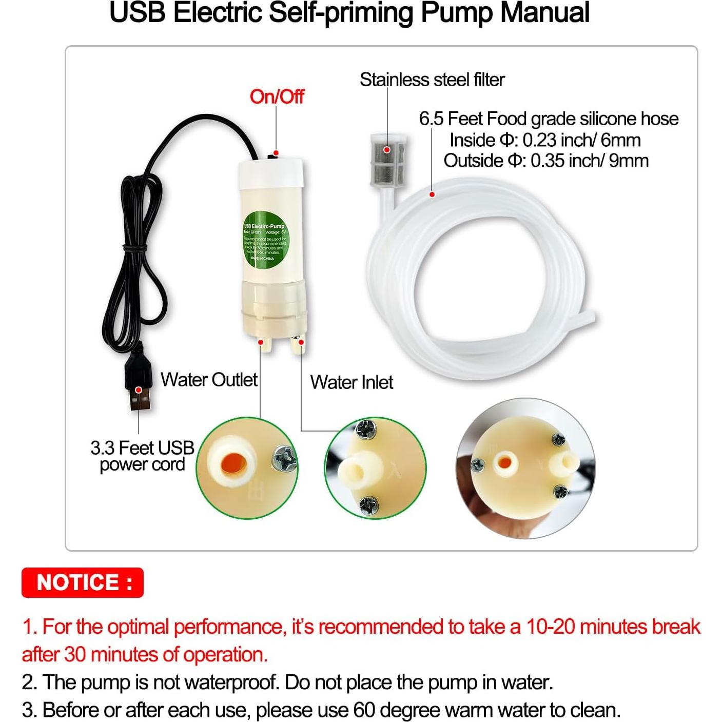 Bomba eléctrica autocebante Yintie USB 5V 2L/min con manguera