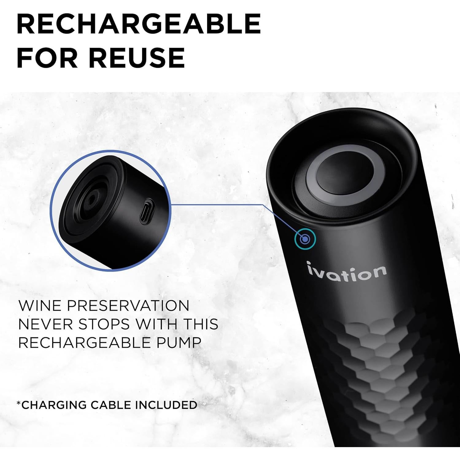 Bomba de Vino Recargable Ivation con 4 Tapones y Cargador USB