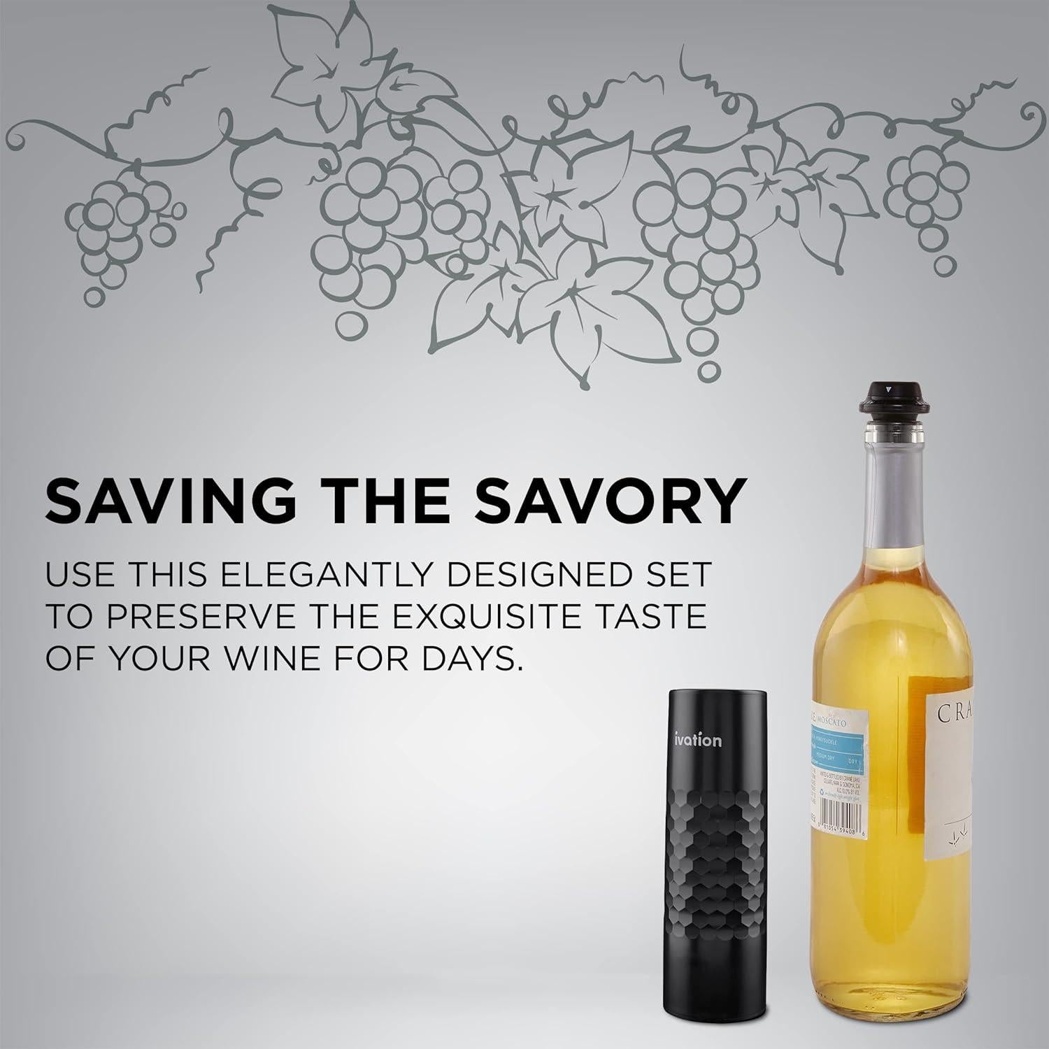 Bomba de Vino Recargable Ivation con 4 Tapones y Cargador USB