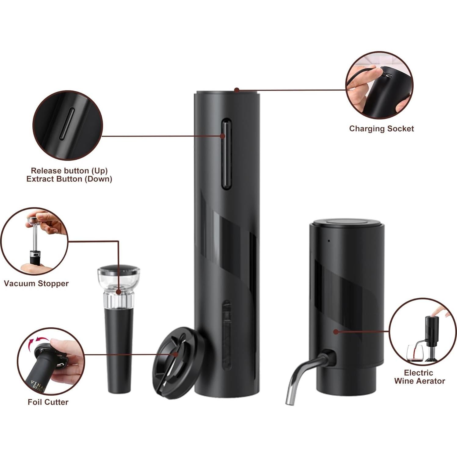 COKUNST Set Abrebotellas Eléctrico 4-en-1 Negro SGS-KD-7