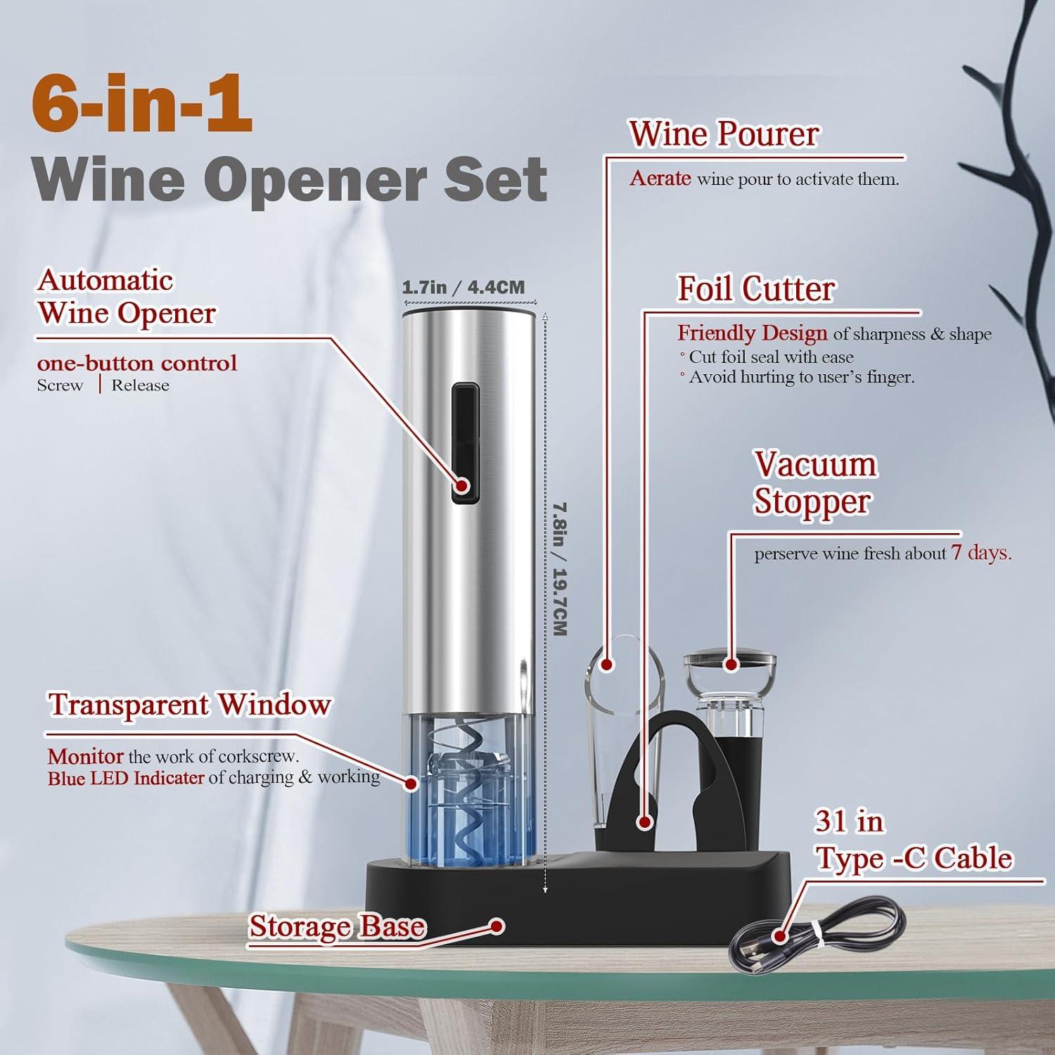 Abridor de Vino Eléctrico Oaklete 6 en 1 Acero Inoxidable