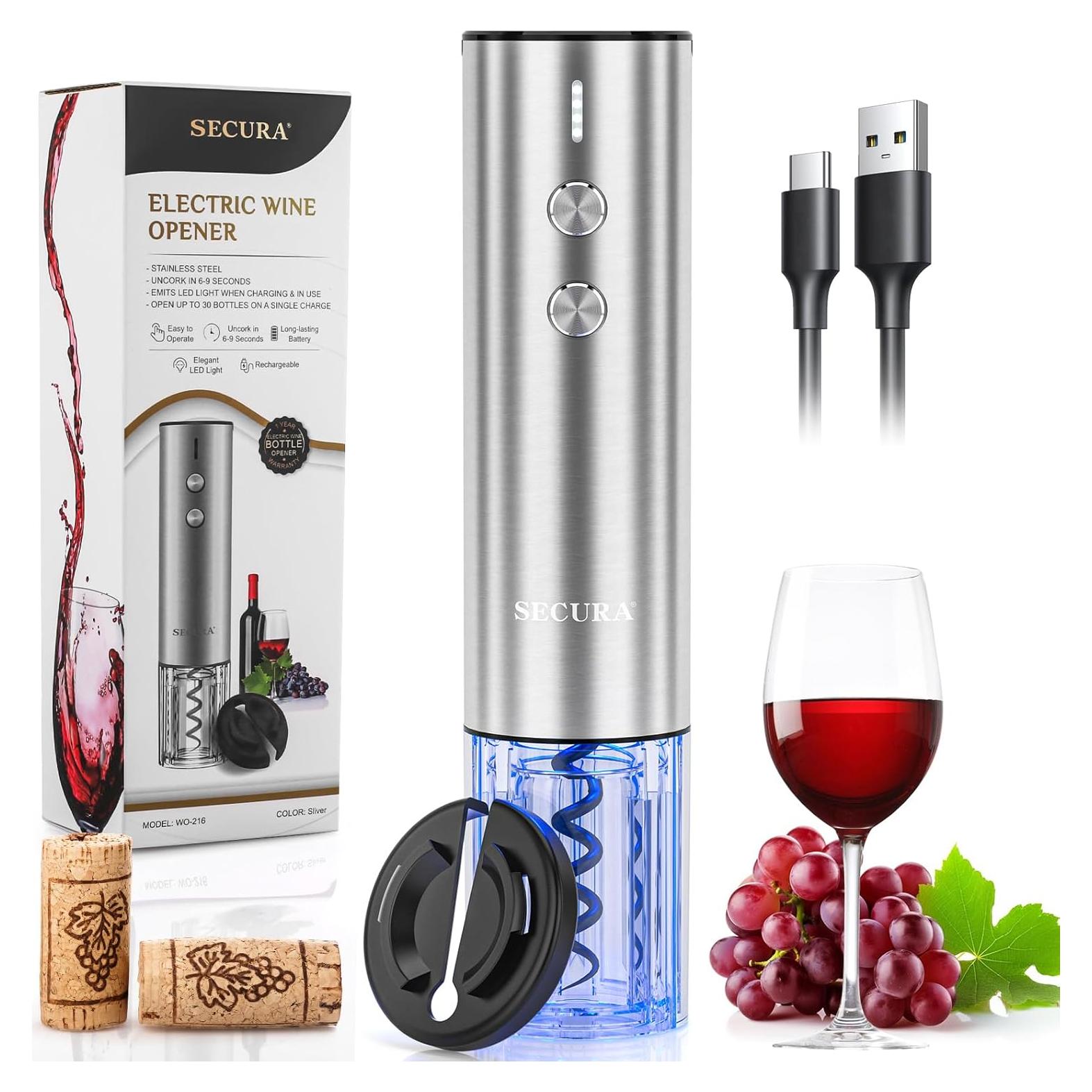 Abridor de Vino Eléctrico Secura Acero Inoxidable 366g